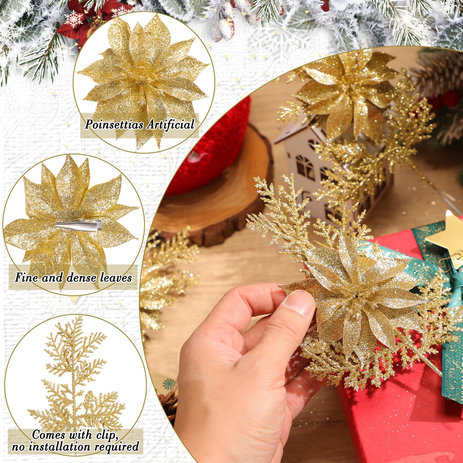 Thiccywoov Künstliche Weihnachtssterne mit Clips, 26,7 cm, künstliche Blumenzweige, Tannenstiel, künstliche Zweige für Girlande, Kranz, Haus, Garten, goldfarben, 12 Stück