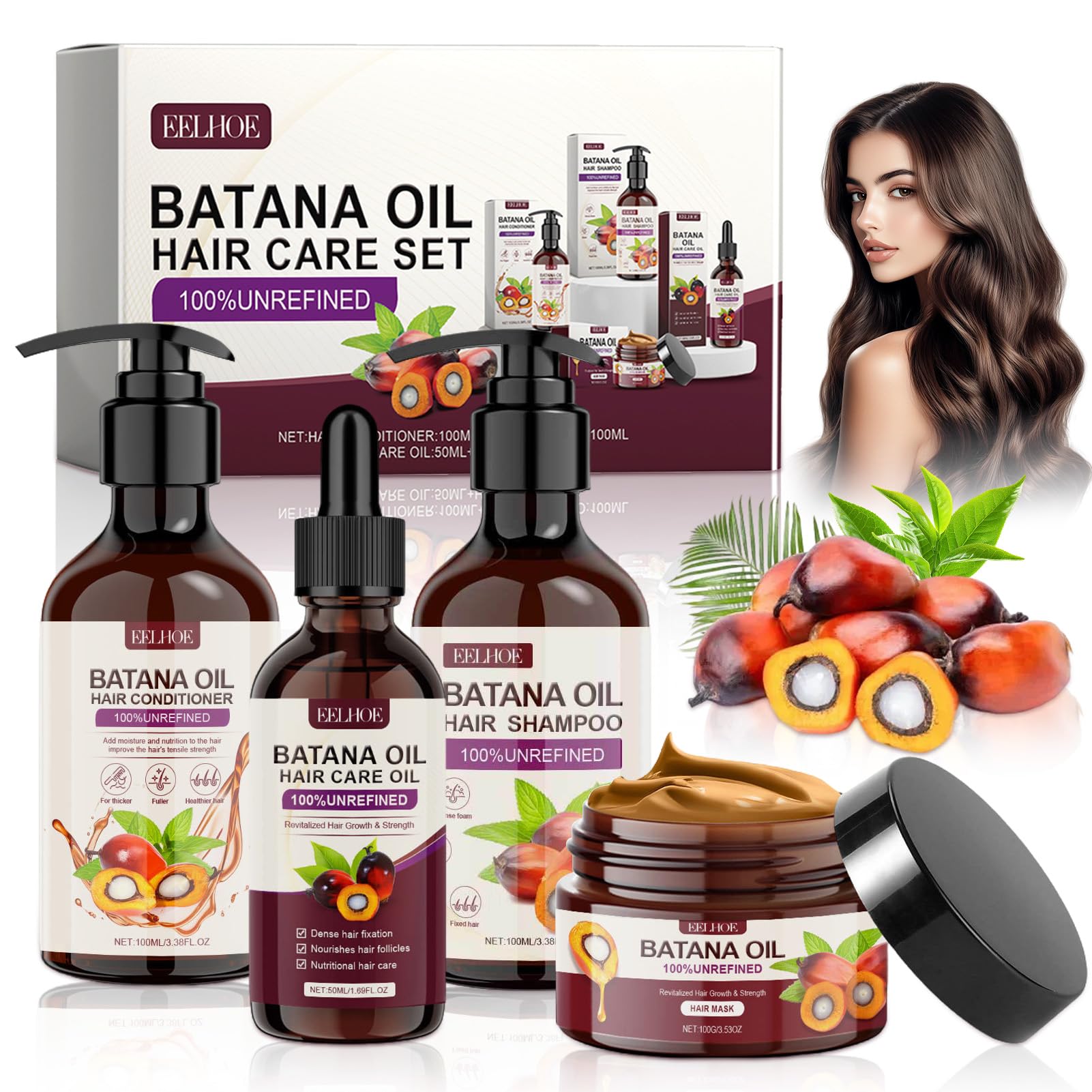batana Traitement à l'huile pour cheveux 4 pièces, shampoing et après-shampooing, huile pour croissance des cheveux, crème capillaire