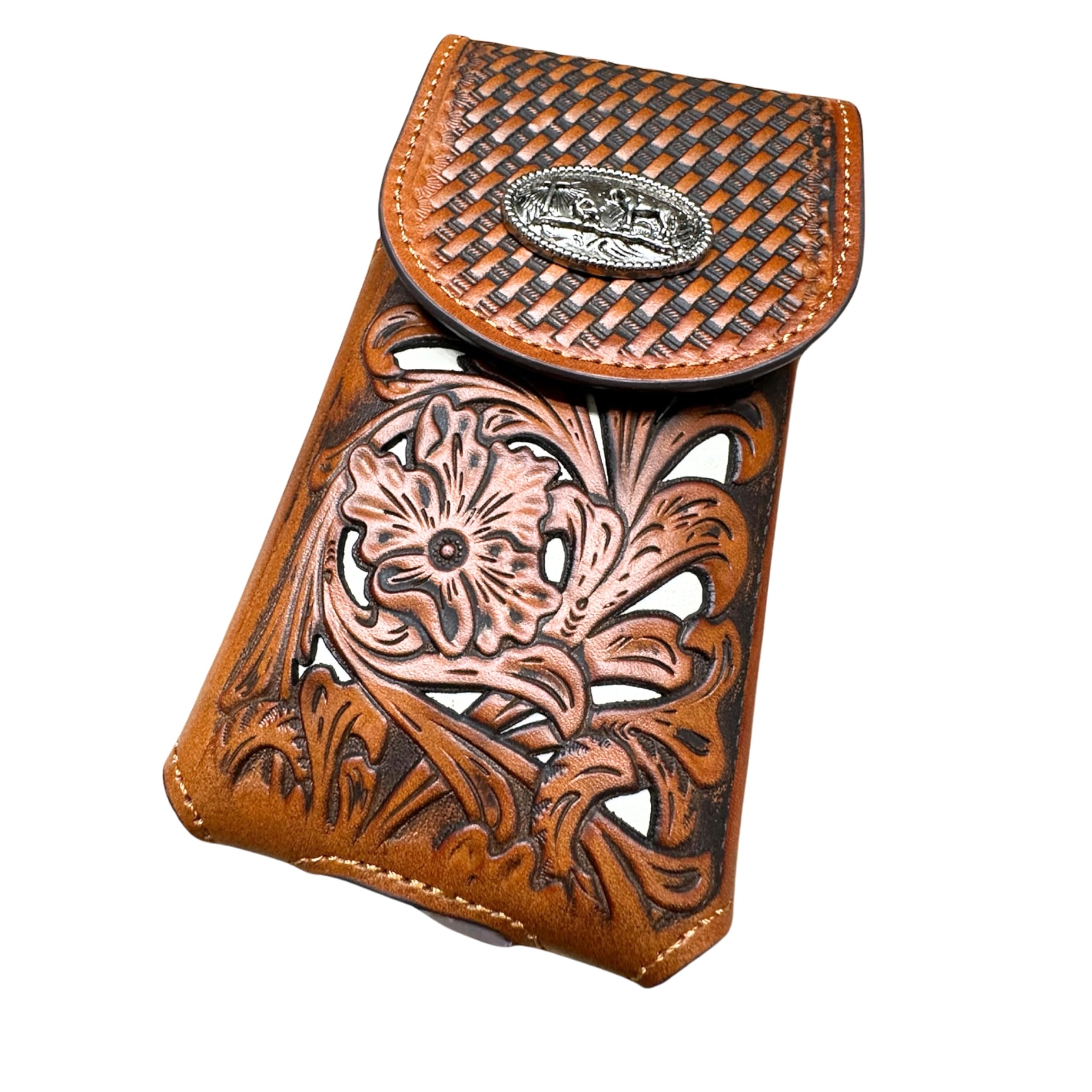 Western-Leder-Handy-Gürtelholster, Handytasche, Blumenmuster, Cowboy, betender Concho, Korbgeflecht, für iPhone, Samsung 15 Plus 14 Pro Max, universell (Braun und Weiß)
