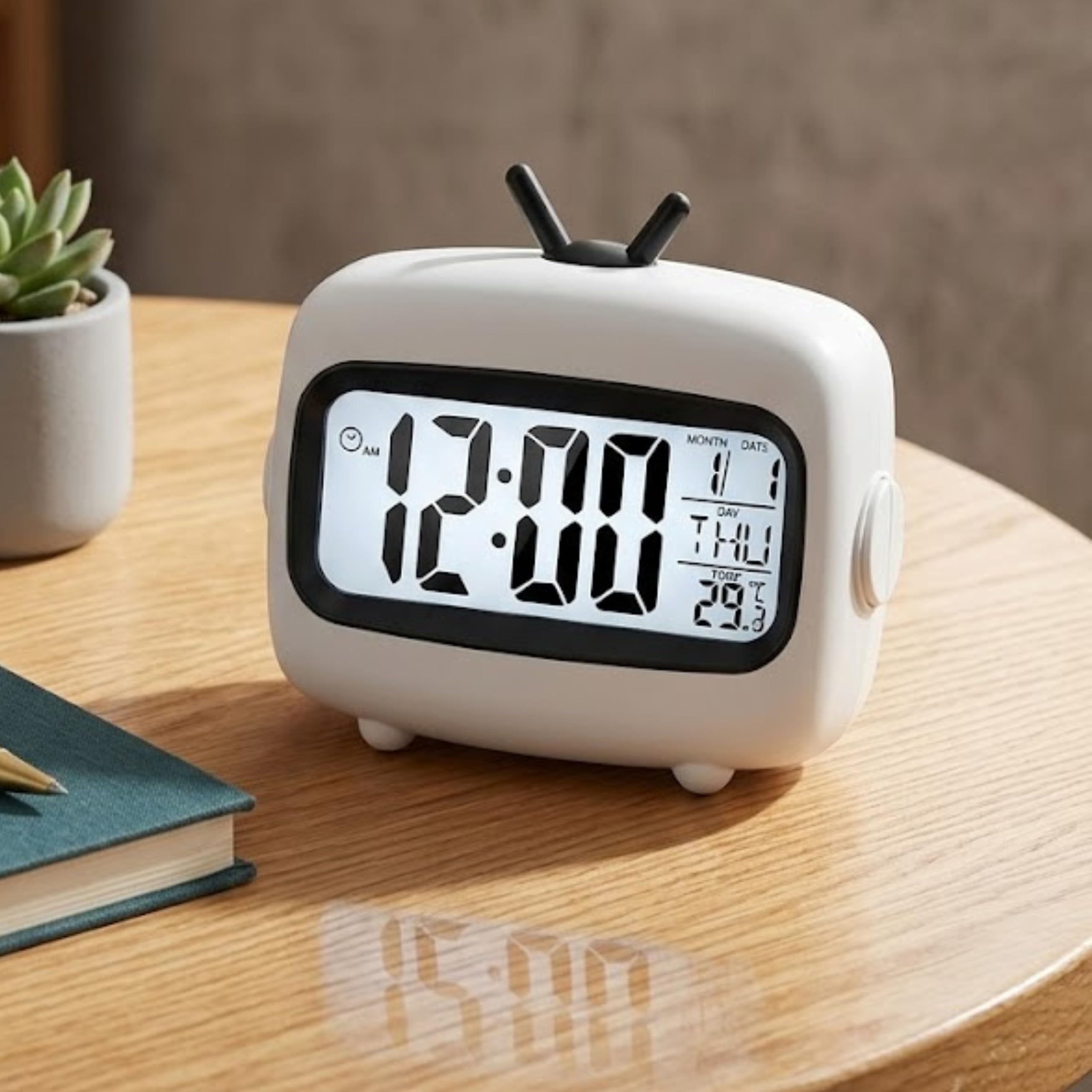 Mini Digital Alarm Clock with LED Display & Room Temperature | Vintage Table Clock | Battery-Operated Bedroom Nightstand, Desk Clock * Car Dashboard Digi Clock (White)-image-6