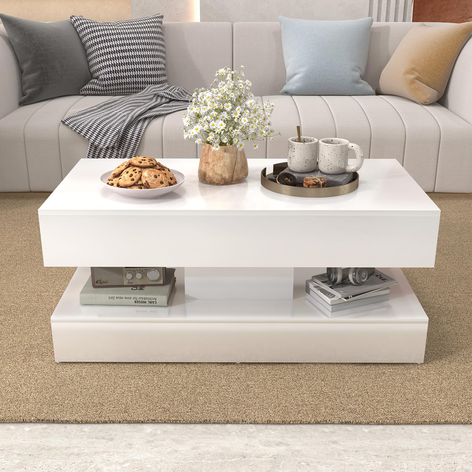 OC Orange-Casual Moderner Couchtisch im Hochglanz, Kaffeetisch mit 2 Schuhbladen, Wohnzimmertisch in 100 x50x45cm, Sofatisch für Wohnzimmer, Schlafzimmer, Büro, Weiß