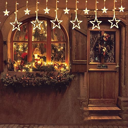 Miniatura 7 de WANTONG Luces de cortina de estrella 12 estrellas 138 luces LED luces LED de cortina de ventana para dormitorio con 8 modos intermitentes para