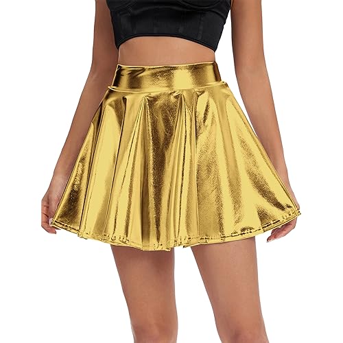 Urban CoCo Women's Shiny Flared Pleated Mini Skater Skirt
