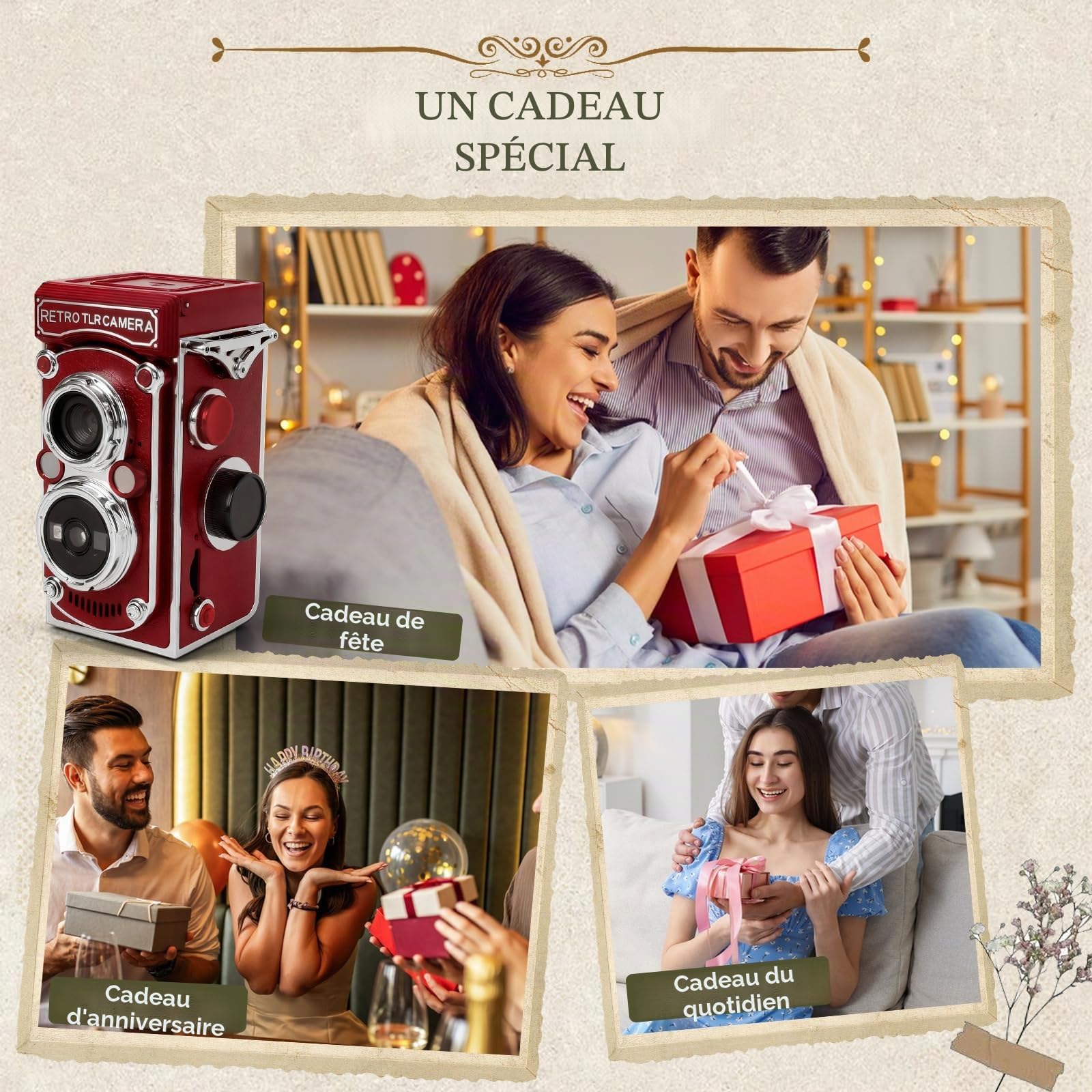 Mini appareil photo numérique rétro, résolution d'image 48 MP vintage à manivelle avec carte mémoire de 32 Go, écran de 1,54", vision nocturne 1080p, pour débutants, adultes et adolescents (rouge)