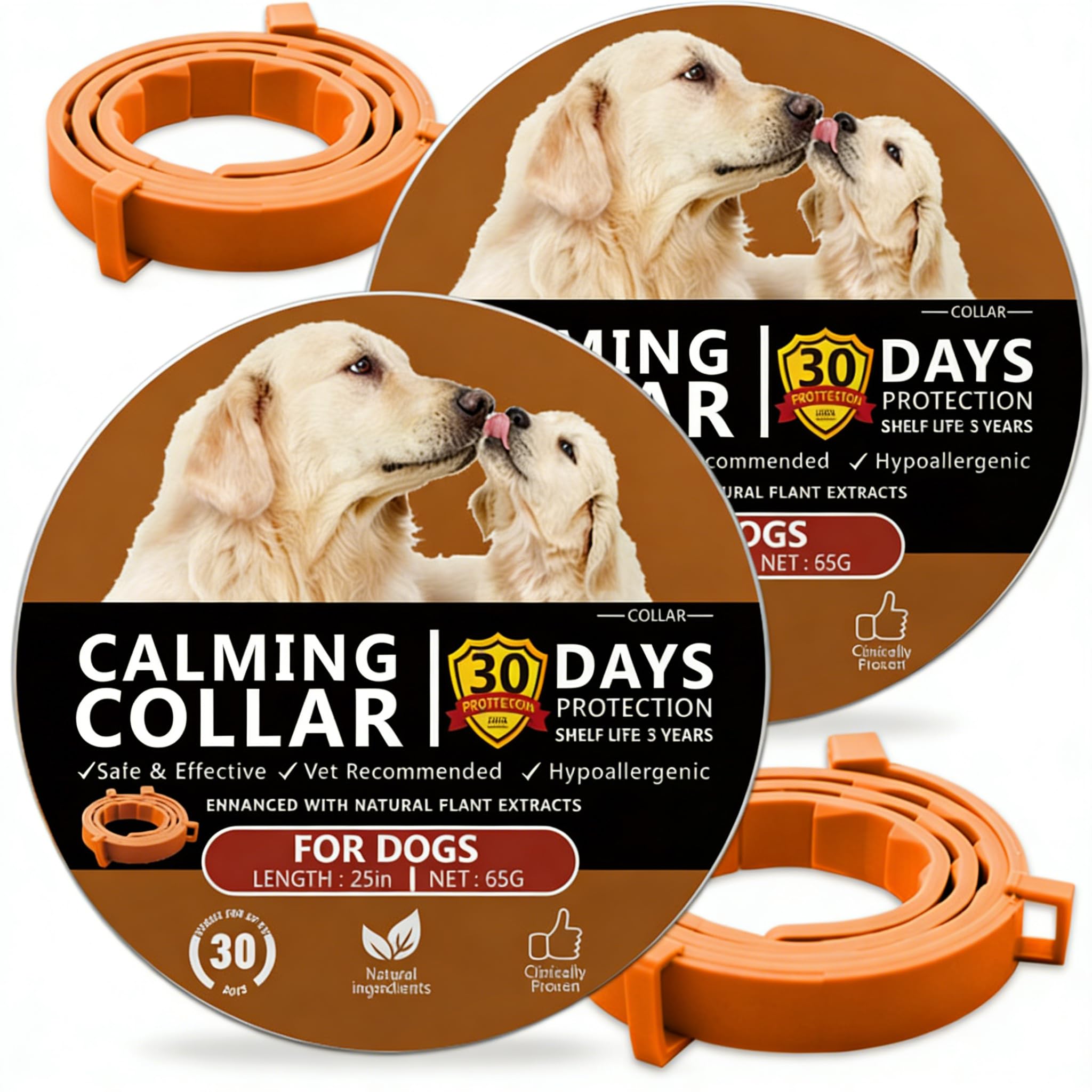 Pack of 2 Calming Collars for Cats & Dogs with Pheromones - Adjustable, Durable (120 Days), Clinically Proven Against Stress & Anxiety (Orange, 70 cm (Dog))