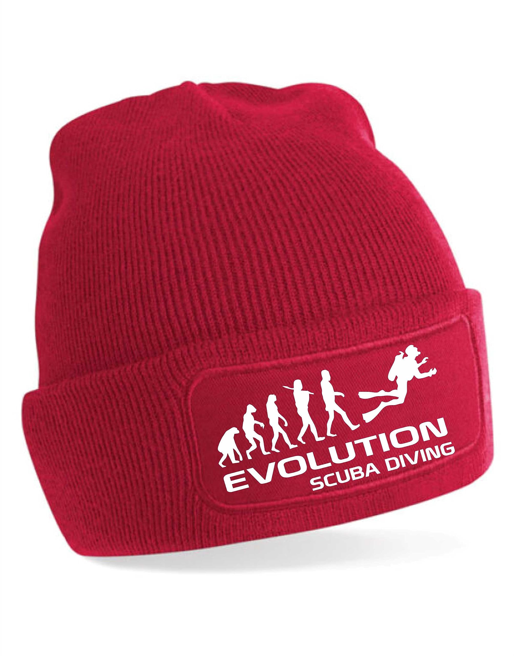 Print4U Evolution of Scuba Diving Beanie Hat Pony Sport Gift for Men & Ladies Red