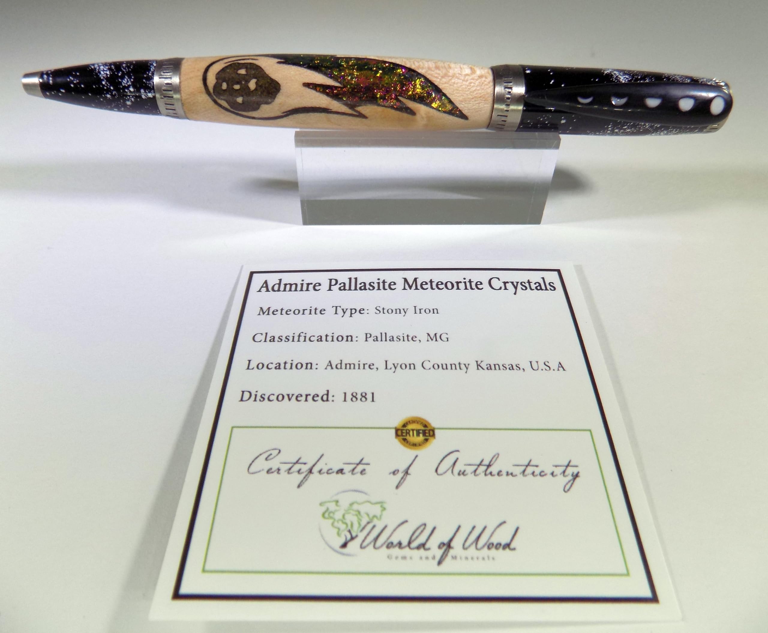 Handmade Moon Twist Pen - Maple Wood with Admire Pallasite Meteorite Dust and Laser Engraved Meteor - Antique Pewter Hardware. Black ink.