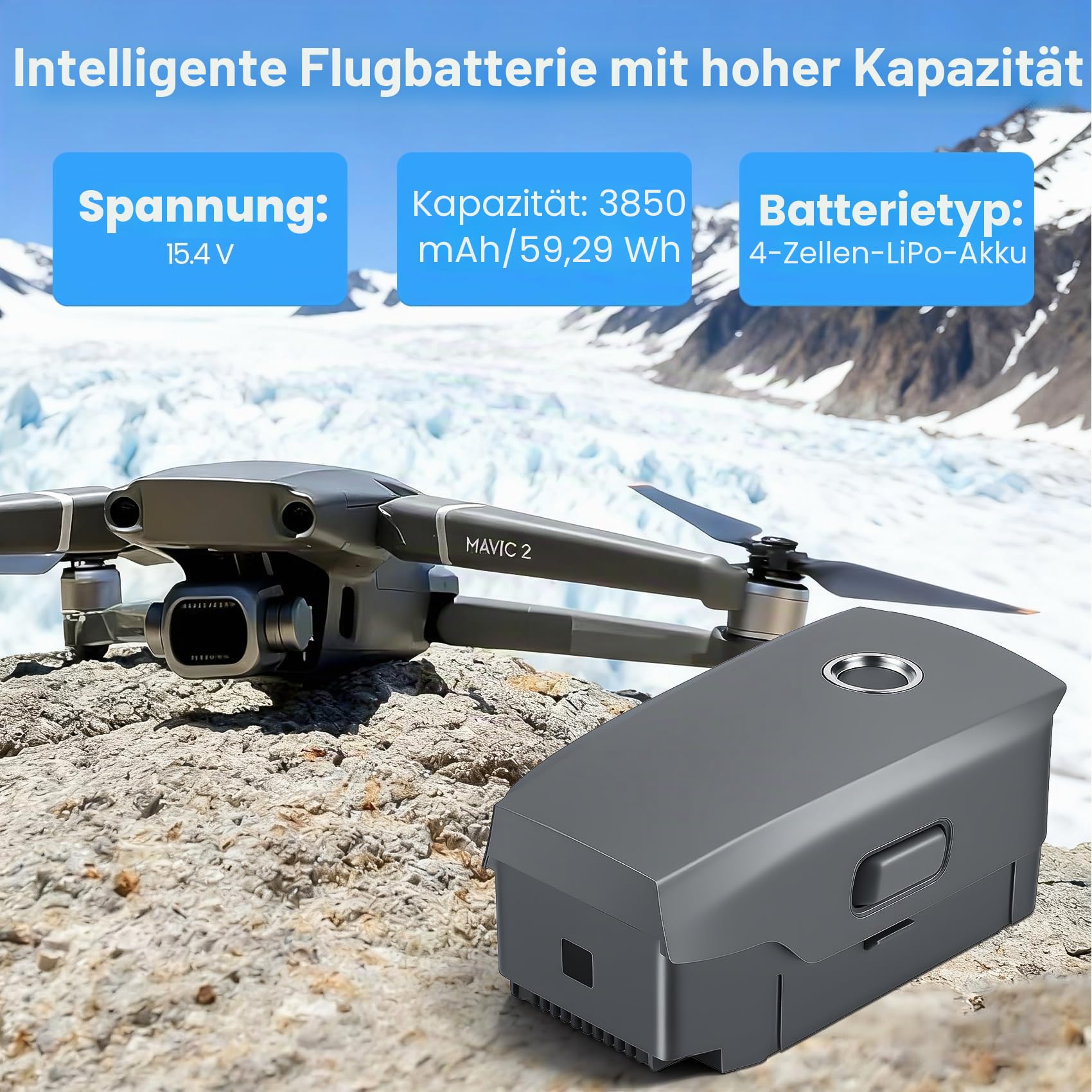 1 Stück 3850mAh Intelligent Flight Mavic 2 Akku, kompatibel mit Mavic 2 Pro, Mavic 2 Zoom, Mavic 2 Enterprise Advanced Drohne, Maximale Flugzeit 30 Minuten