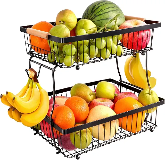 Frutero 2 Pisos Negro - Cesta de Frutas Desmontable de Metal con Ganchos Bananeros