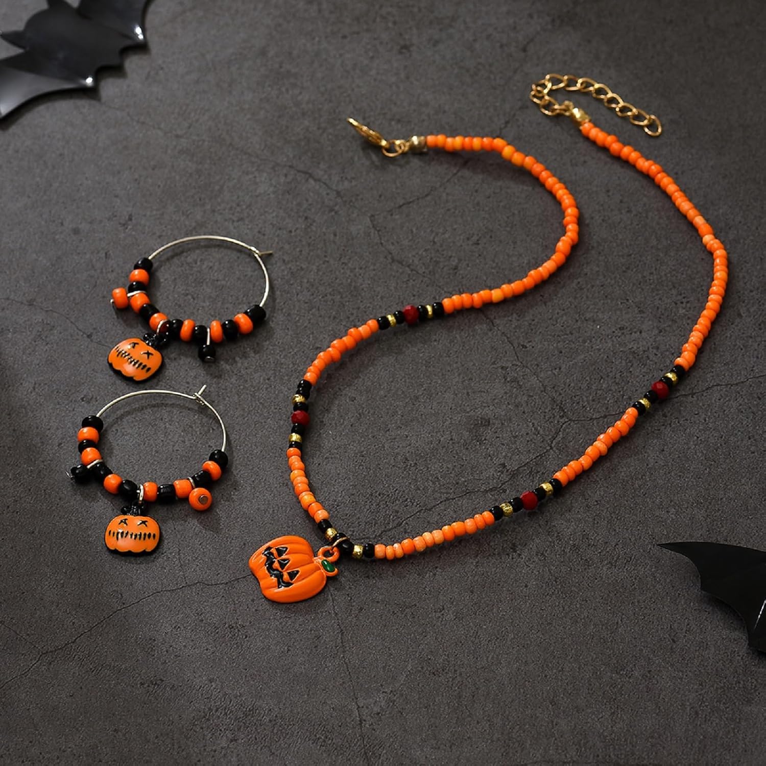 WETMT Halloween Pumpkin Jewelry Set for Women Pumpkin Beaded Necklace Pumpkin Beaded Hoop Earrings Pumpkin Rhinestone Drop Earrings Halloween Party Jewelry Set - Image 5