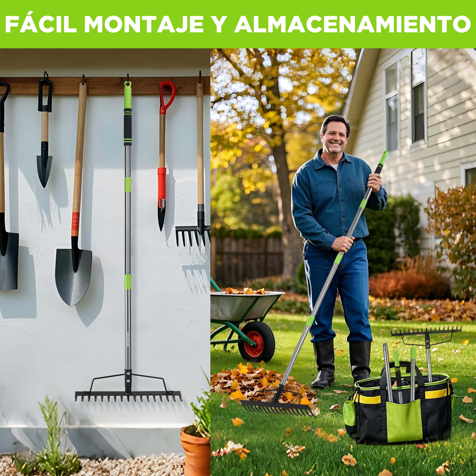 WORKPRO Rastrillo de Jardín Heavy Duty 165 cm, Rastrillo Metálico de 17 Dientes con Mango Ajustable para Aflojar Tierra, Recoger Hojas y Nivelar Césped