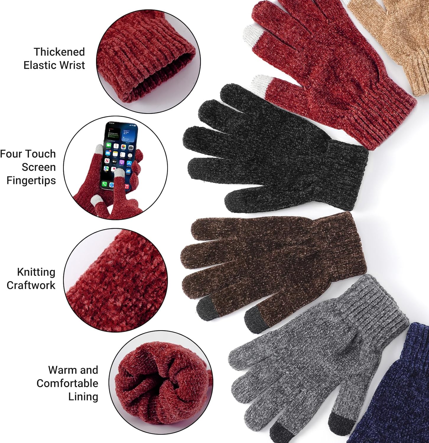 Winter Beanie Hat Circle Scarf Gloves Set for Men Women, Thick Warm Chenille Skull Cap Touchscreen Gloves Neck Warmer - Image 7