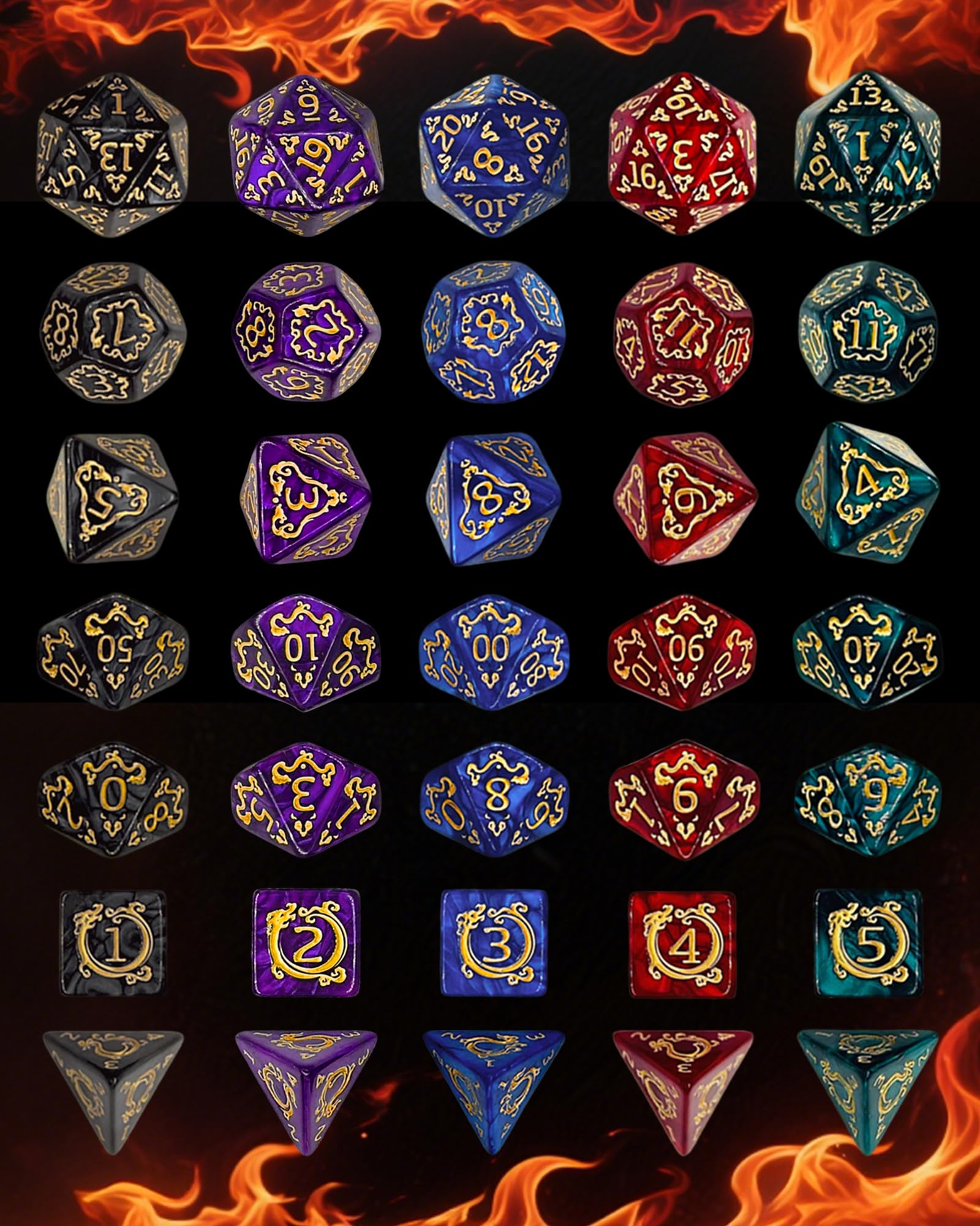 Juego de Dados Poliédricos, 35 Piezas - 5 Sets de Dados de rol con 1 Bolsa para Dungeons and Dragons D&D RPG MTG Juegos de Mesa, Incluye D20, D12, D8, D6, D4, D10 (0-9) y D10 (00-90)