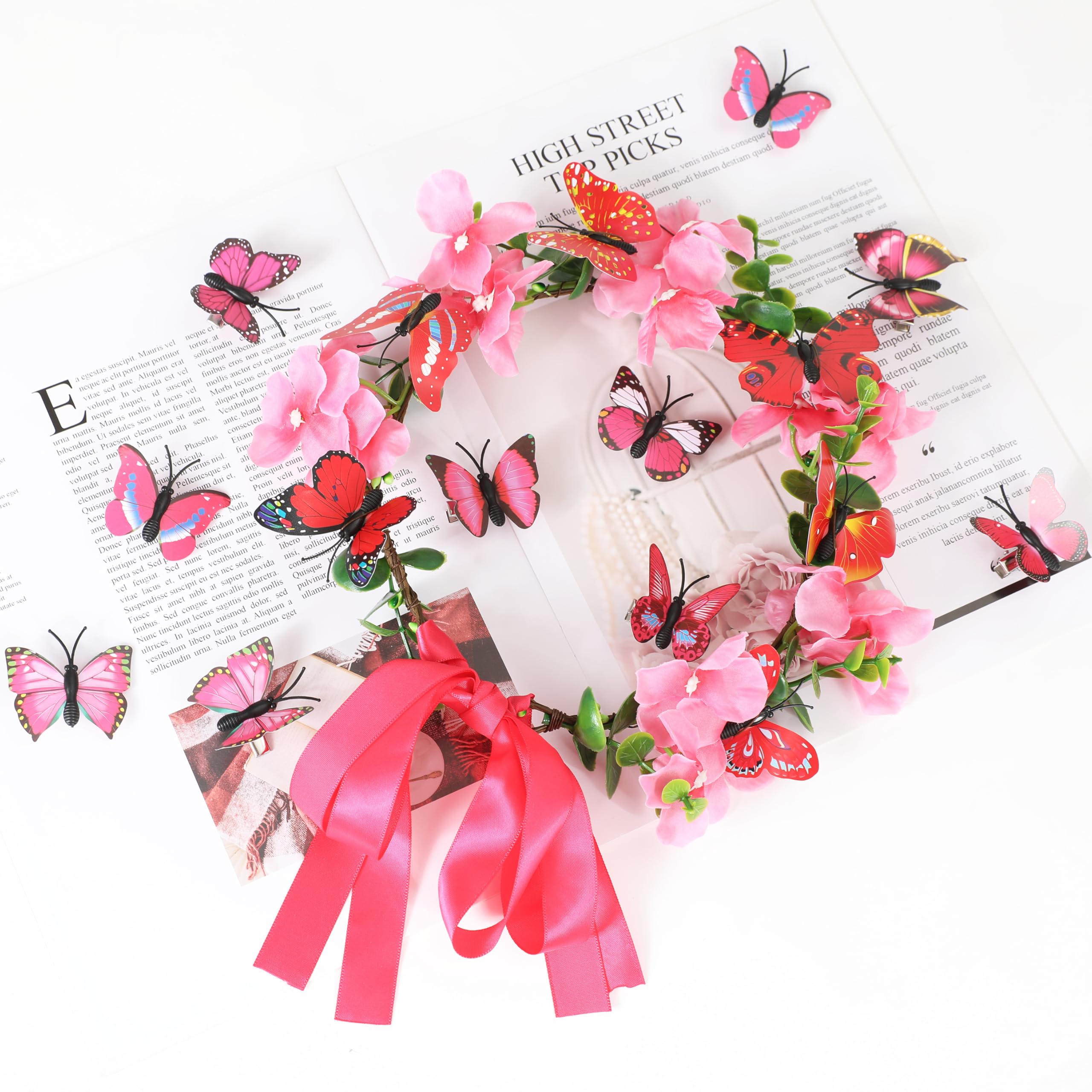 Gmmidea Butterfly Flower Crown for Women Girls Boho Fairy Flower Headband Crown Wedding Bridal Floral Headpiece Hair Wreath with Butterfly Hair Clips Hot Pink