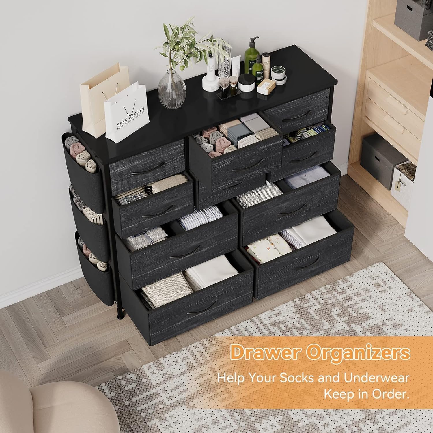 10 Schubladen Kommode aus Stoff, Faltbarer Schubladenschrank mit Metallrahmen und MDF-Platten, Aufbewahrungsschrank für Schlafzimmer Flur Wohnzimmer, Tragbarer Kleiderschrank Organizer mit 10 Fächern