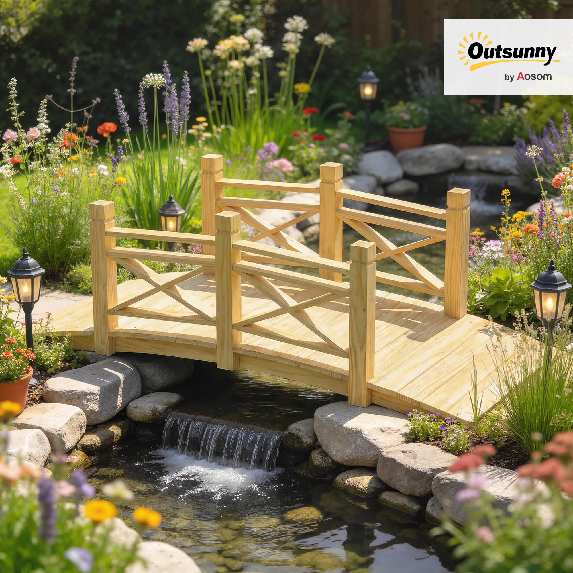 Outsunny Pont de Jardin en Bois Carbonisé Arqué 1,74m - Passerelle avec Main Courante Sécurisée et Charge 200kg - Décoration Extérieure Traitée et Résistante, Naturel