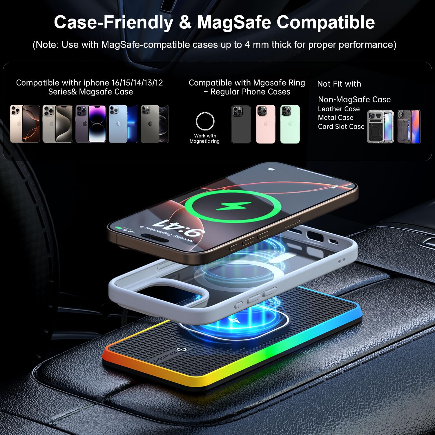 Tappetino di Ricarica Wireless Auto RGB per MagSafe, Polmxs Caricatore Wireless Auto Magnetico da 15W con LED, Cavo da 30cm + Prolunga da 70cm Compatibile con iPhone 16–12 Pro, AirPods (K1MAG)