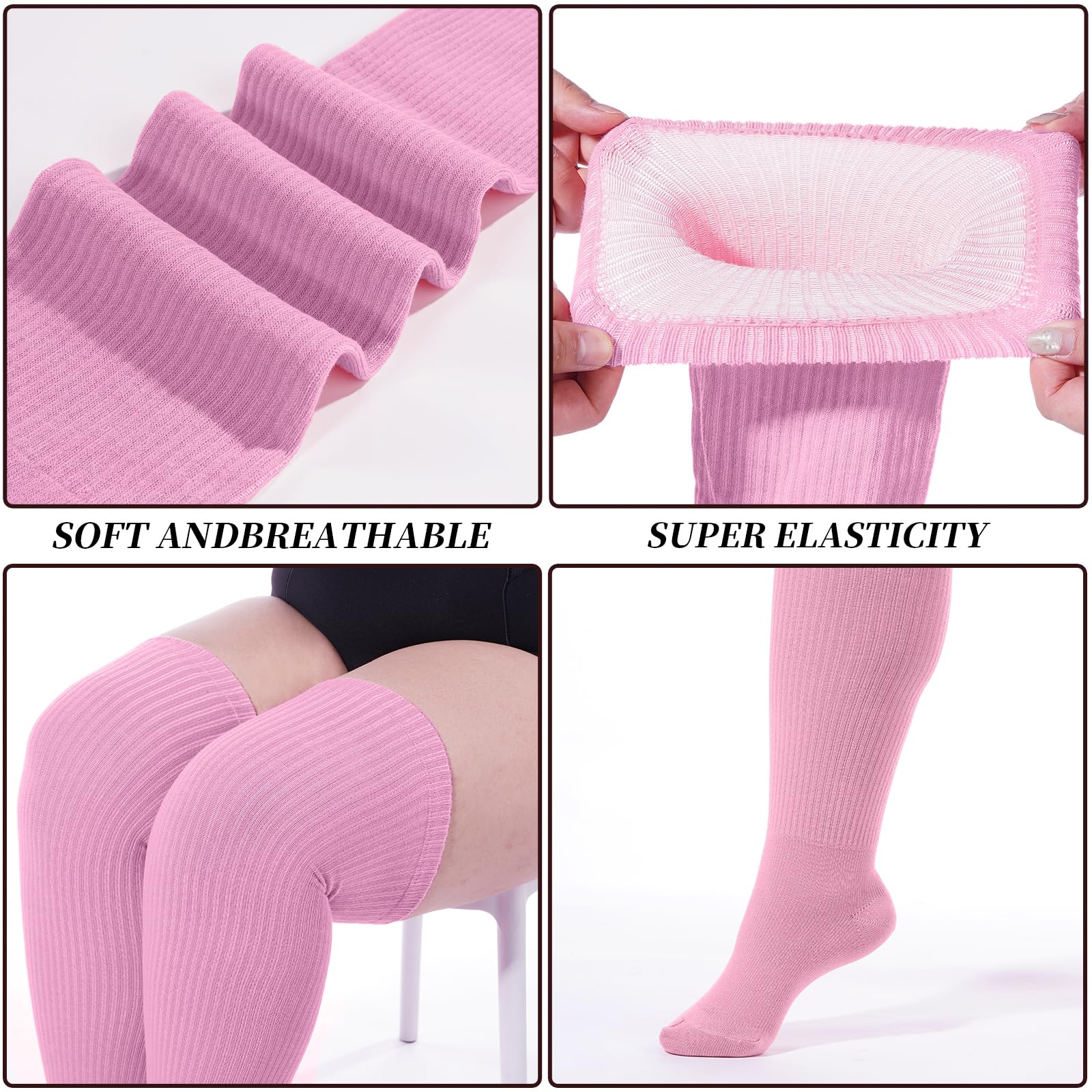 Moon Wood Plus Size Thigh High Socks for Thick Thighs- Womens Knit Cotton Extra Long Over the Knee High Socks Leg Warmer: One Size Plus Pink