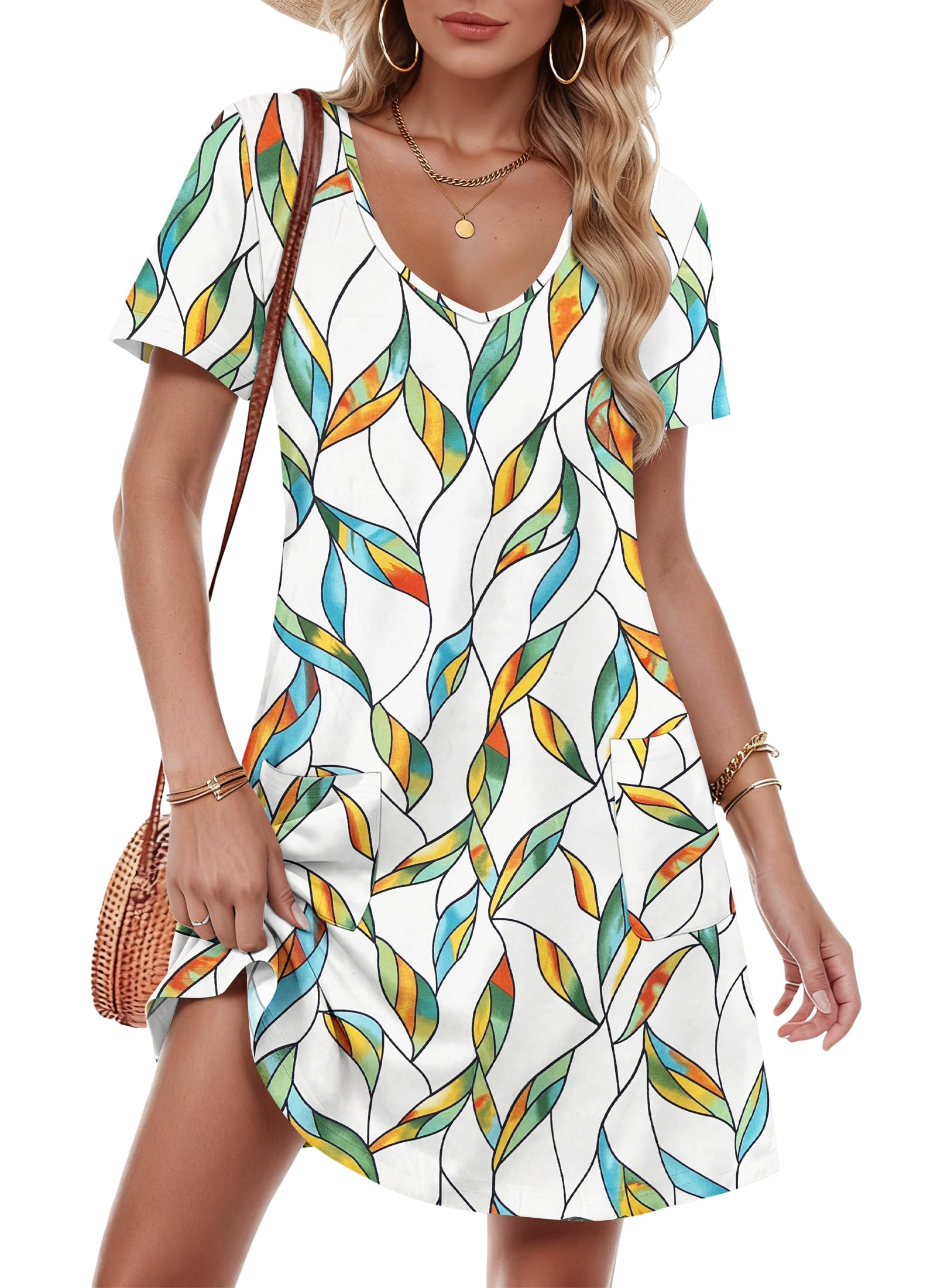 MOLERANI Summer Dresses for Women UK V Neck Ladies Dress Short Sleeve Dress with Pockets BYG Leaf 2XL