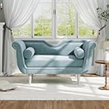 Christopher Knight Home Aurora Velvet Chaise Lounge Indoor with 2 Bolster Pillows, Upholstery Entryway Bench with Nailhead Trim & Curved Arms, End of Bed Bench Ottoman and Wooden Legs, Light Blue