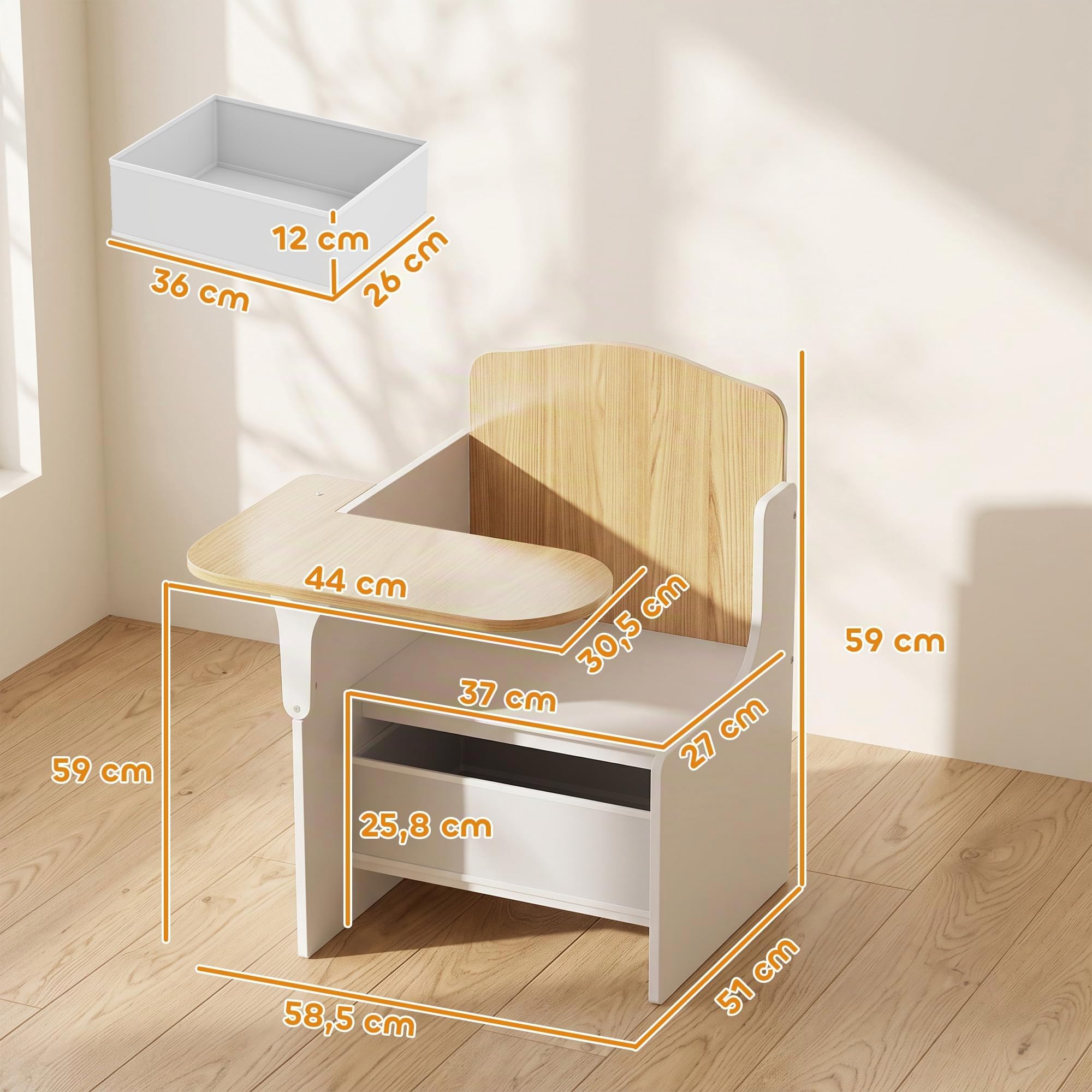 AIYAPLAY Bureau et Chaise pour Enfants avec Bac de Rangement 3-5 Ans Blanc