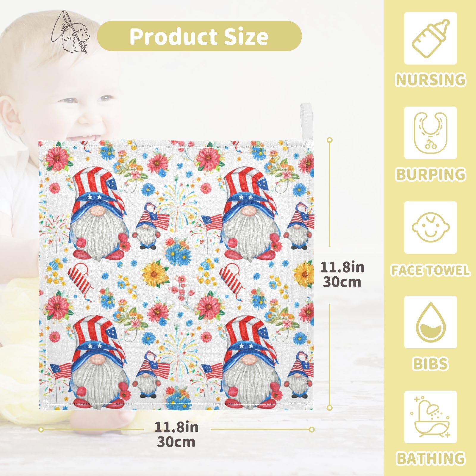 Nander 5Pack Baby Muslin Washcloths,Independence Day Soft Face Cloths for Newborn, Absorbent Bath Wash Cloths, Wipes, Burp Rag,Toddlers Essentials Stuff, Baby Registry as Shower