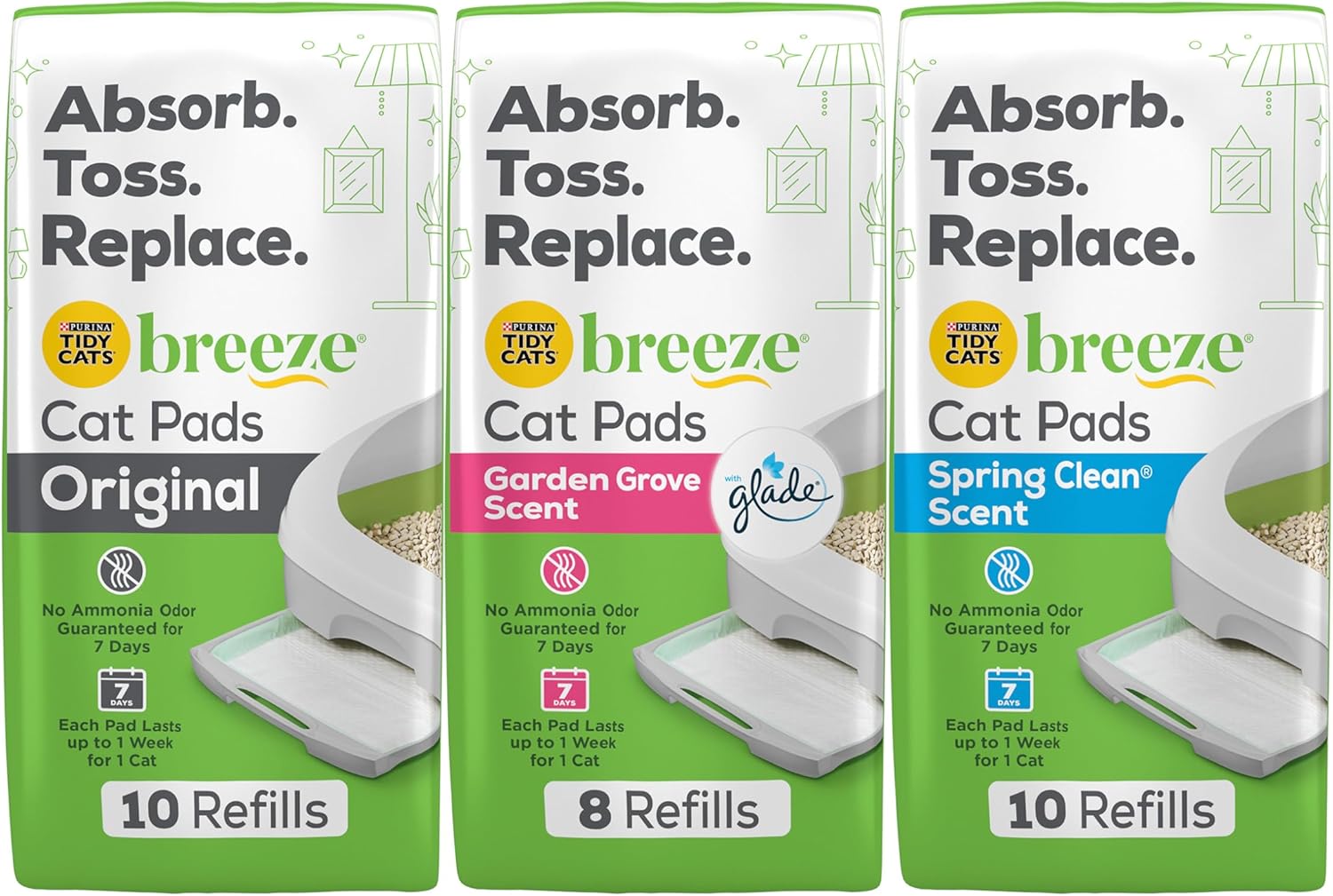 Tidy Cats Breeze Cat Pads Refill Variety Pack, 1 Original Refills, 1 Garden Grove Scent, 1 Spring Clean Scent Variety Pack