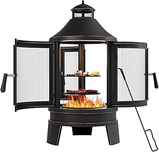 Outdoor Wood Burning Chiminea Fire Pit,24 Inch Metal Fireplace with Adjustable Grill Tray, Spark Screen Door & Fire Poker,Chiminea Firepit for Patio, Garden, Backyard,Black
