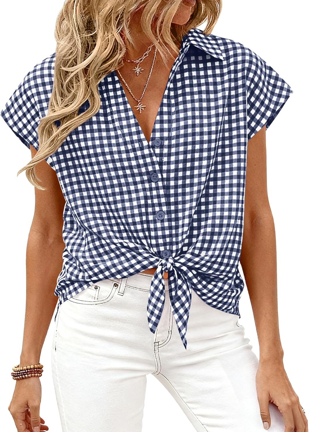 PRETTYGARDEN Womens Short Sleeve Shirts Plaid Button Down Blouse Dressy Casual 2026 Summer Spring Business Gingham Work Tops