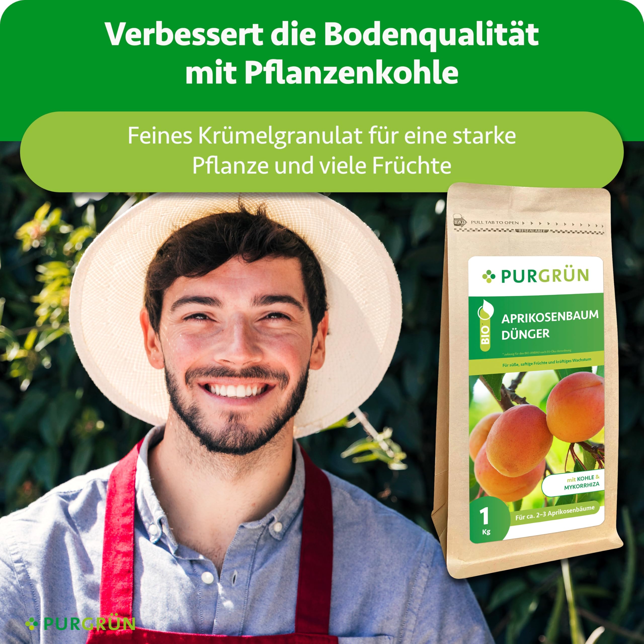 Bio-Aprikosenbaum-Dünger 1 kg – Organisch-mineralische Rezeptur – Feinkörniges Krümelgranulat – NPK 6+4+5 – Mit Magnesium für süße Aprikosen – Verbessert die Bodenqualität