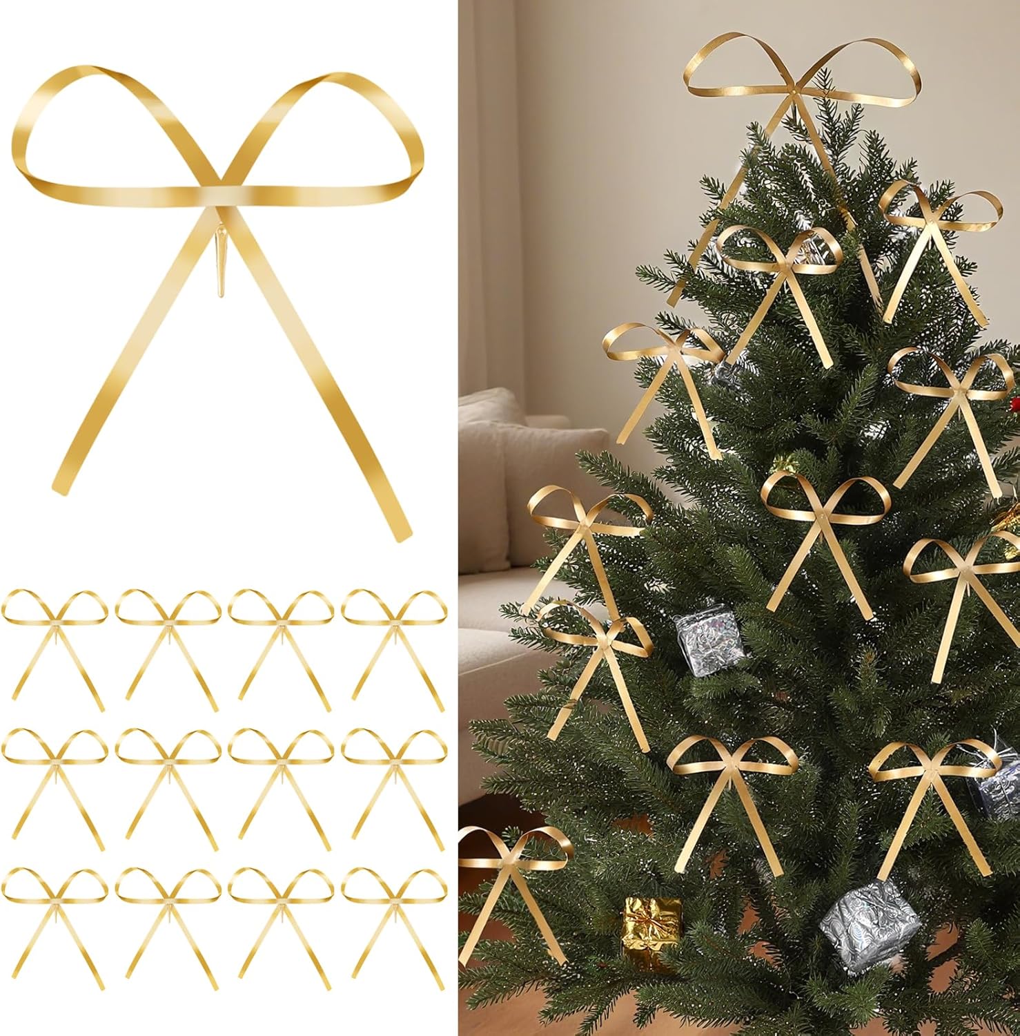 13 Pcs Metal Bow Ornaments with Clip Gold Bow Decoration Brass Bow Tree Decorations for Xmas Tree Topper Garland Wreath Indoor Outdoor Decor