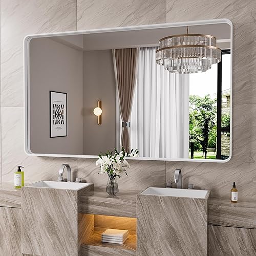 Miniatura 198 de Espejo de baño dorado, 48 x 30 pulgadas, espejo de marco de metal dorado cepillado para pared, espejo rectangular redondeado de tocador de baño