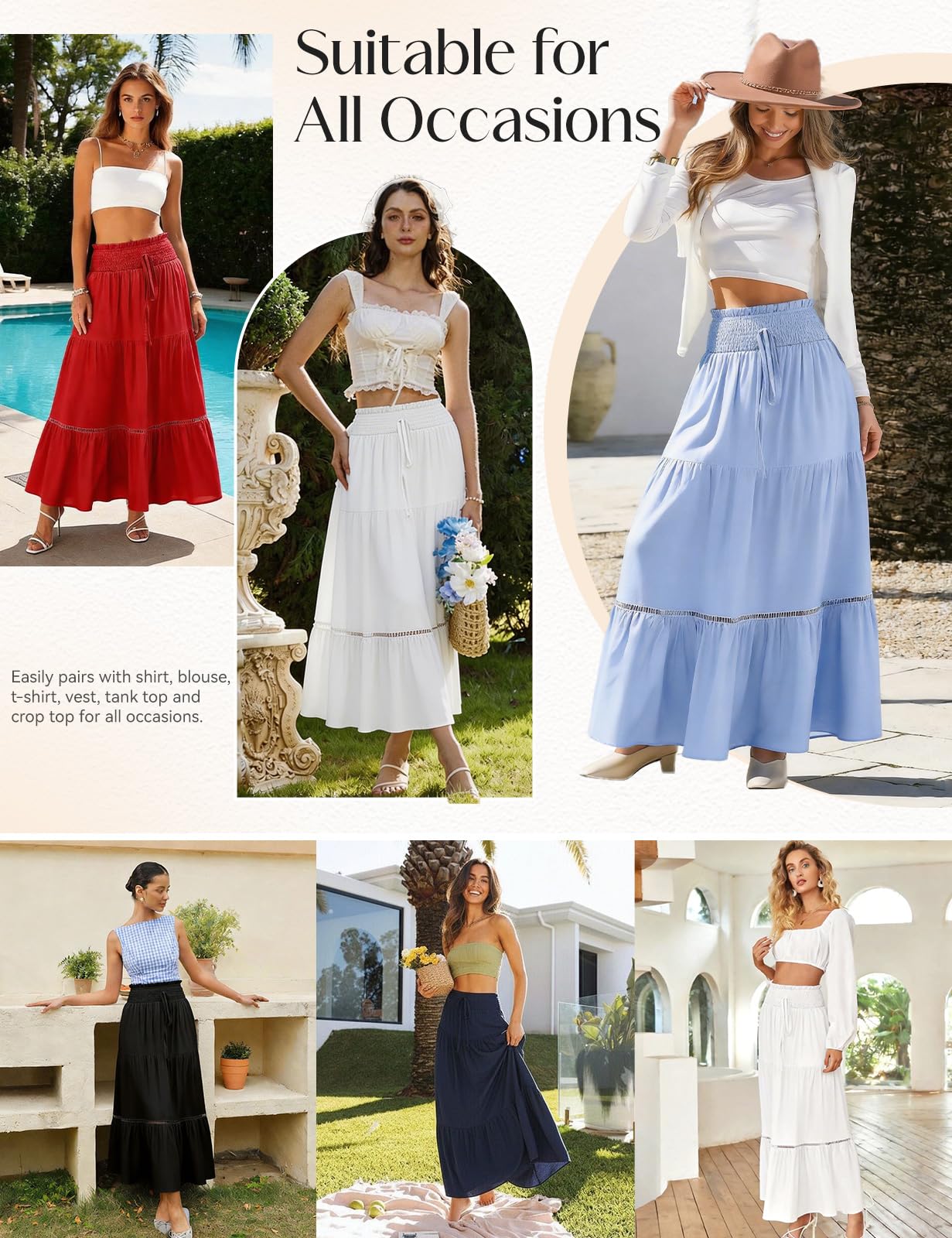 HEEKPEK Gonna Donna Estivi Elastico a Vita Alta Gonna A-Line Pieghettato Gonna Elegante Casual Cravatta Frontale Maxi Lunga Gonna con Coulisse