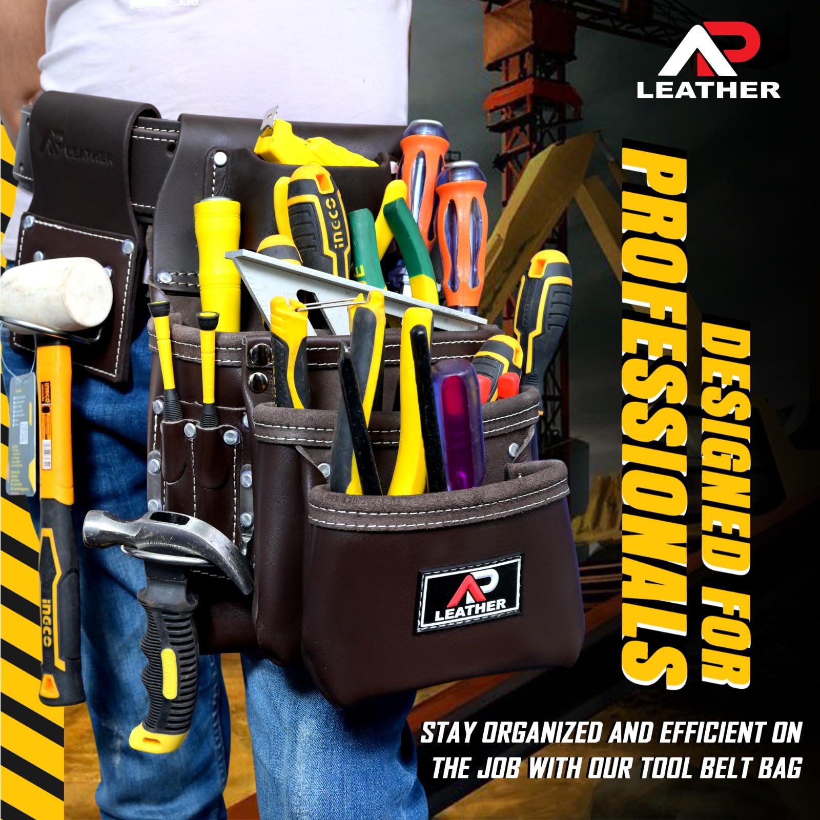 Pro-015 Leder-Werkzeugtasche für den Bau, robuster Hammerhalter, Schnalle, 3 Taschen, groß mit Gürtel, 12 kleine Taschen, Werkzeug-Organizer