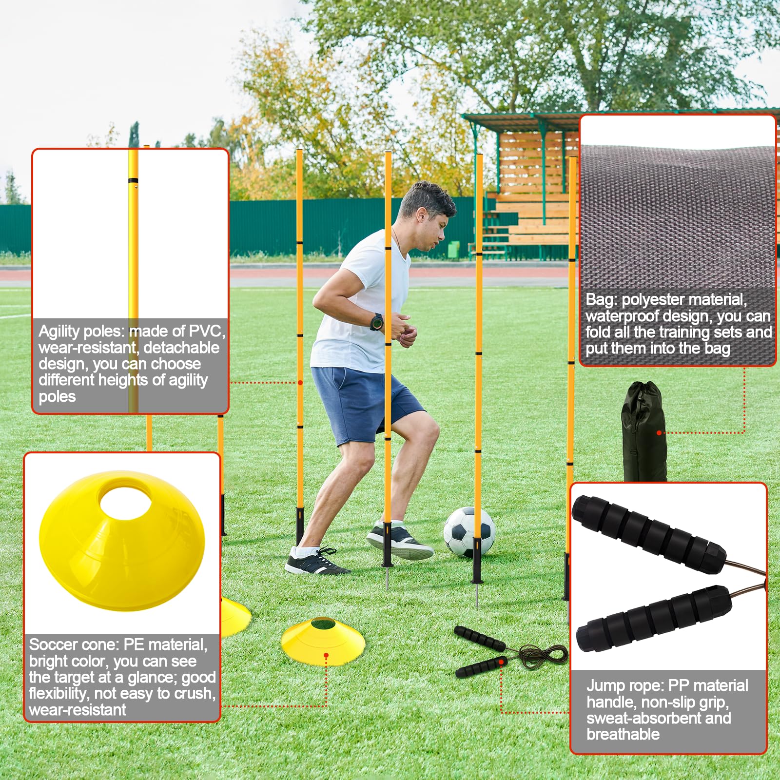 Juego de 24 piezas de equipo de entrenamiento de agilidad de fútbol, bastones de agilidad, escalera más para un montaje rápido y fácil portabilidad, adecuado para todos los niveles de