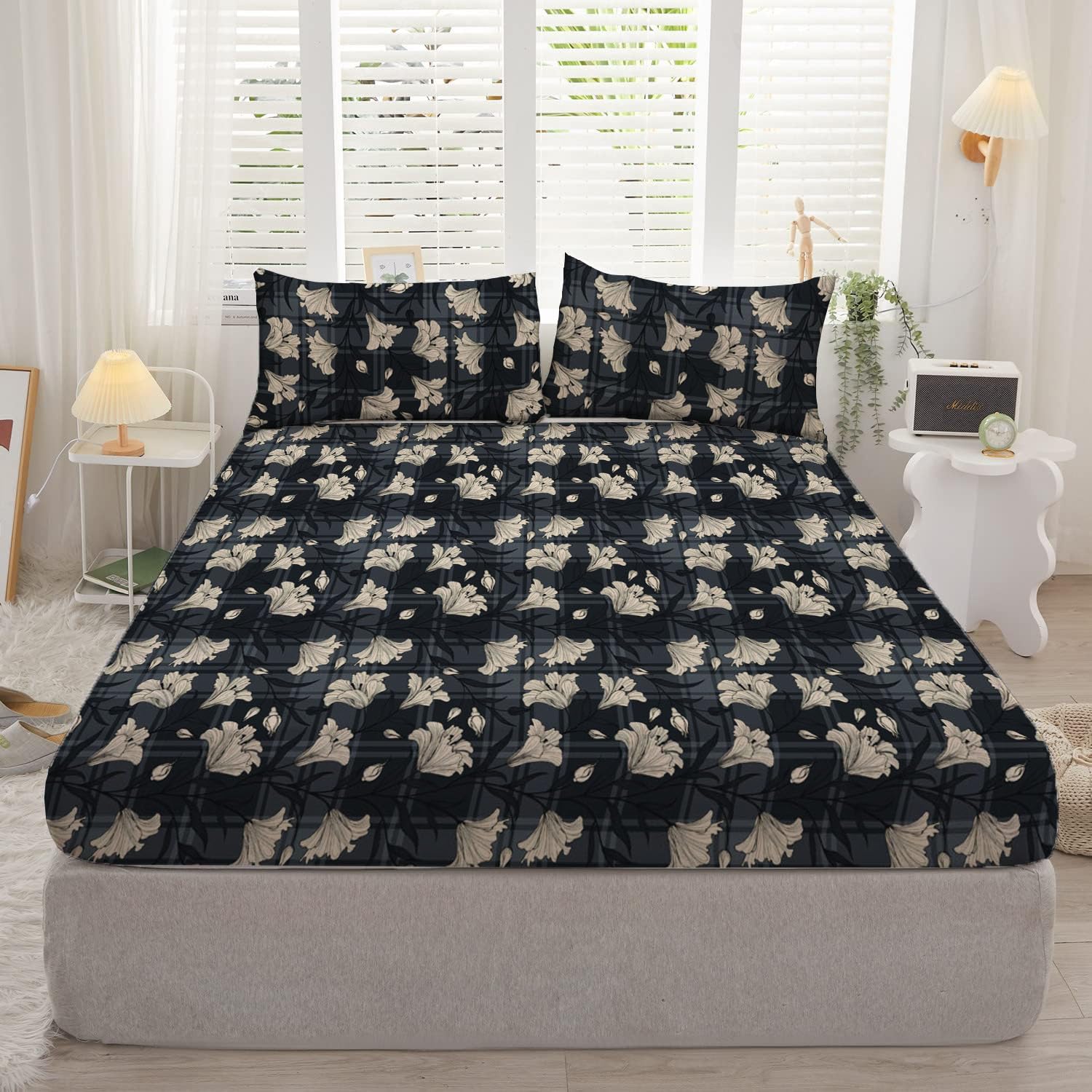DECOMIZER Cotton Feel All Around Elastic Fitted Glace Printed King Size Double Bed Bedsheet with 2 Large Pillow Covers Fits Upto Mattress of 8 Inches,Size - 72 x 78 x 10 Inches, Dark Grey Lily