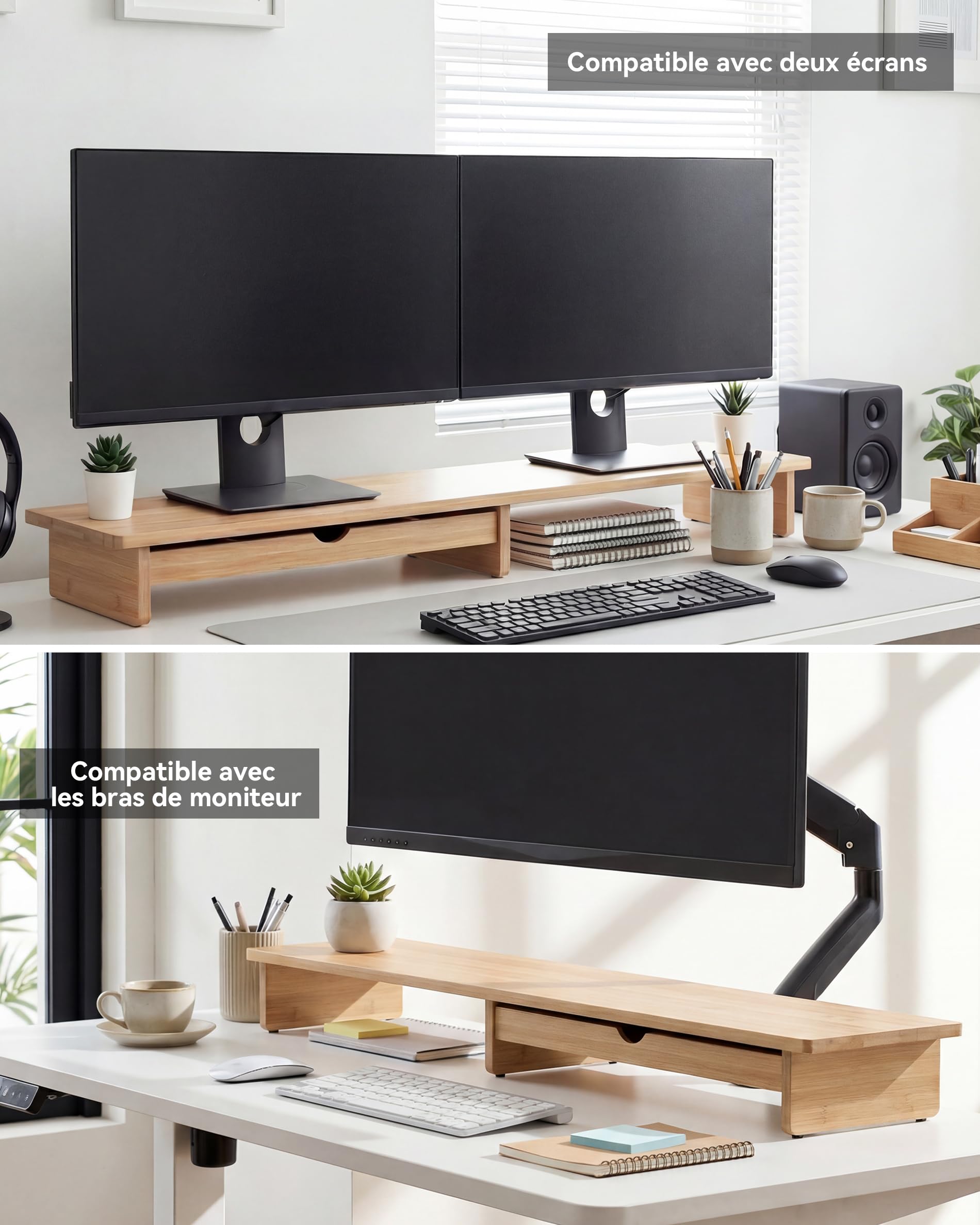 WELL WENG Support pour écran en bambou avec grand tiroir de rangement, rehausseur d'ordinateur de 107 cm pour bureau, tablette d'écran à 7 compartiments pour ranger le clavier, Bambou | 107 x 23,5 x 11 cm avec espace de rangement pour le clavier, support