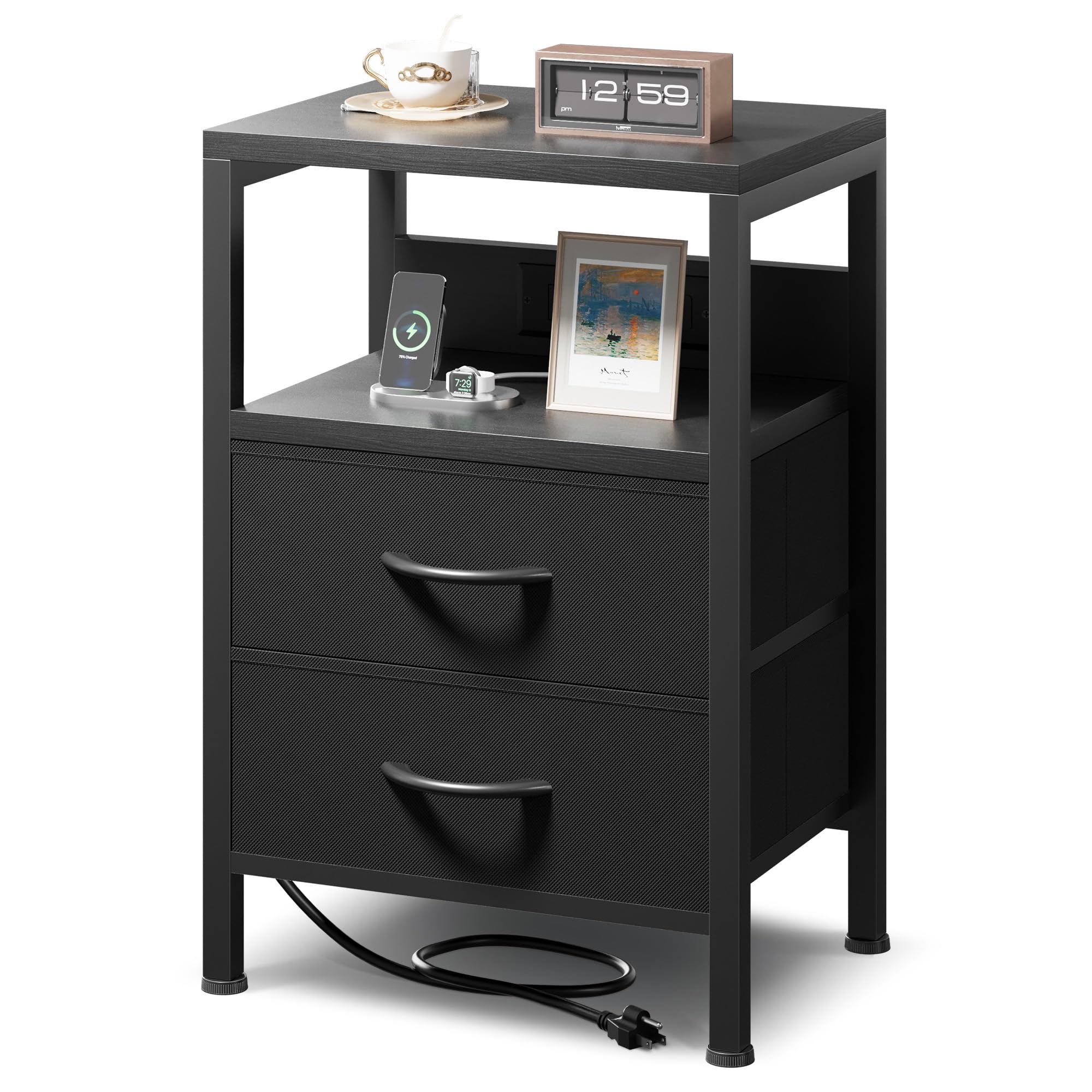 Mesita de noche de carga para dormitorio, mesita de noche con estación de carga, moderna mesita de noche con estante abierto y 2 cajones de tela, mesa auxiliar de cama con puertos USB USB-C y salidas