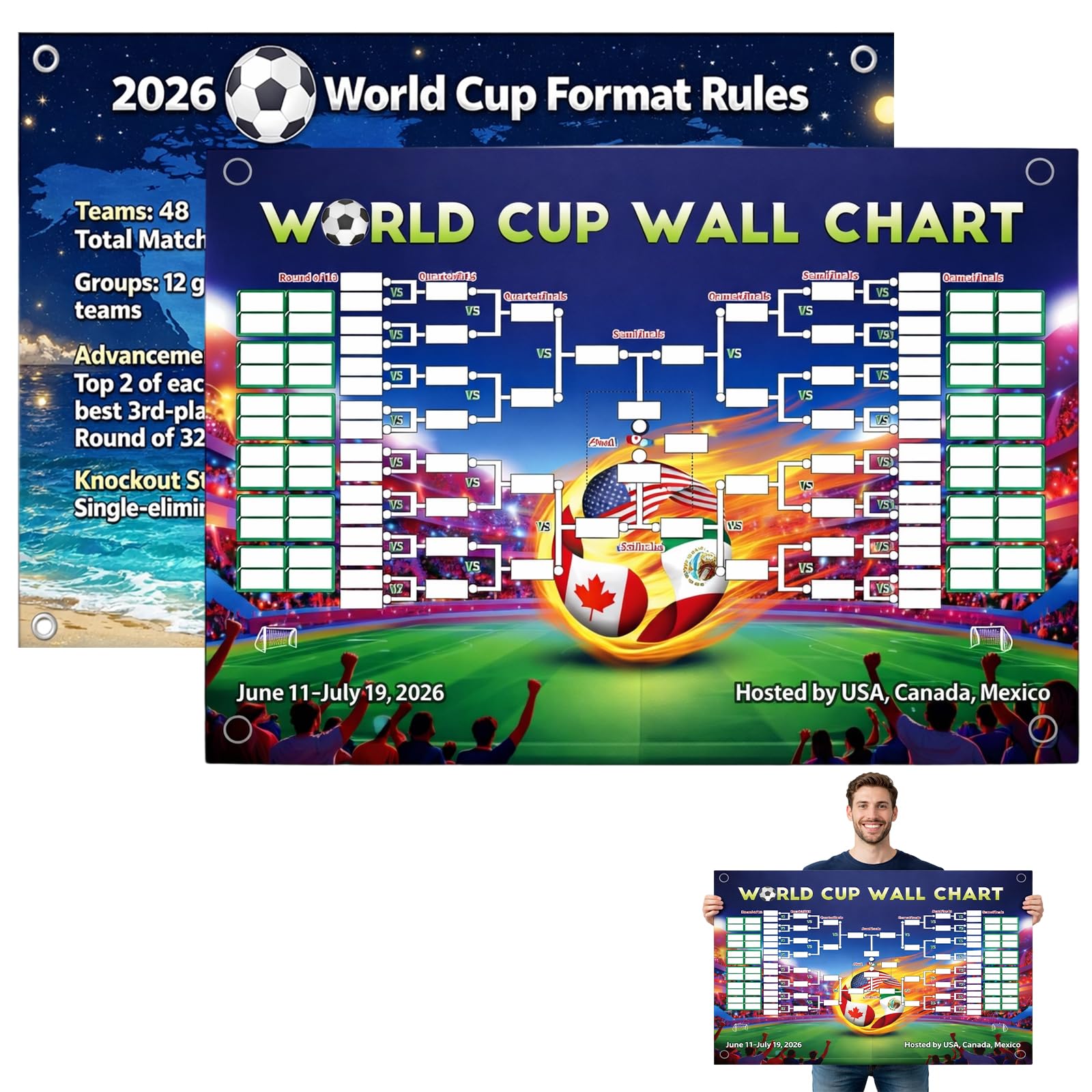 MIRJXB World Cup 2026 Merchandise, World Cup 2026 Soccer Poster, Football Match Schedule Tracking and Tournament Display, Double-Sided Design with Grommets and Rope 100x60 cm