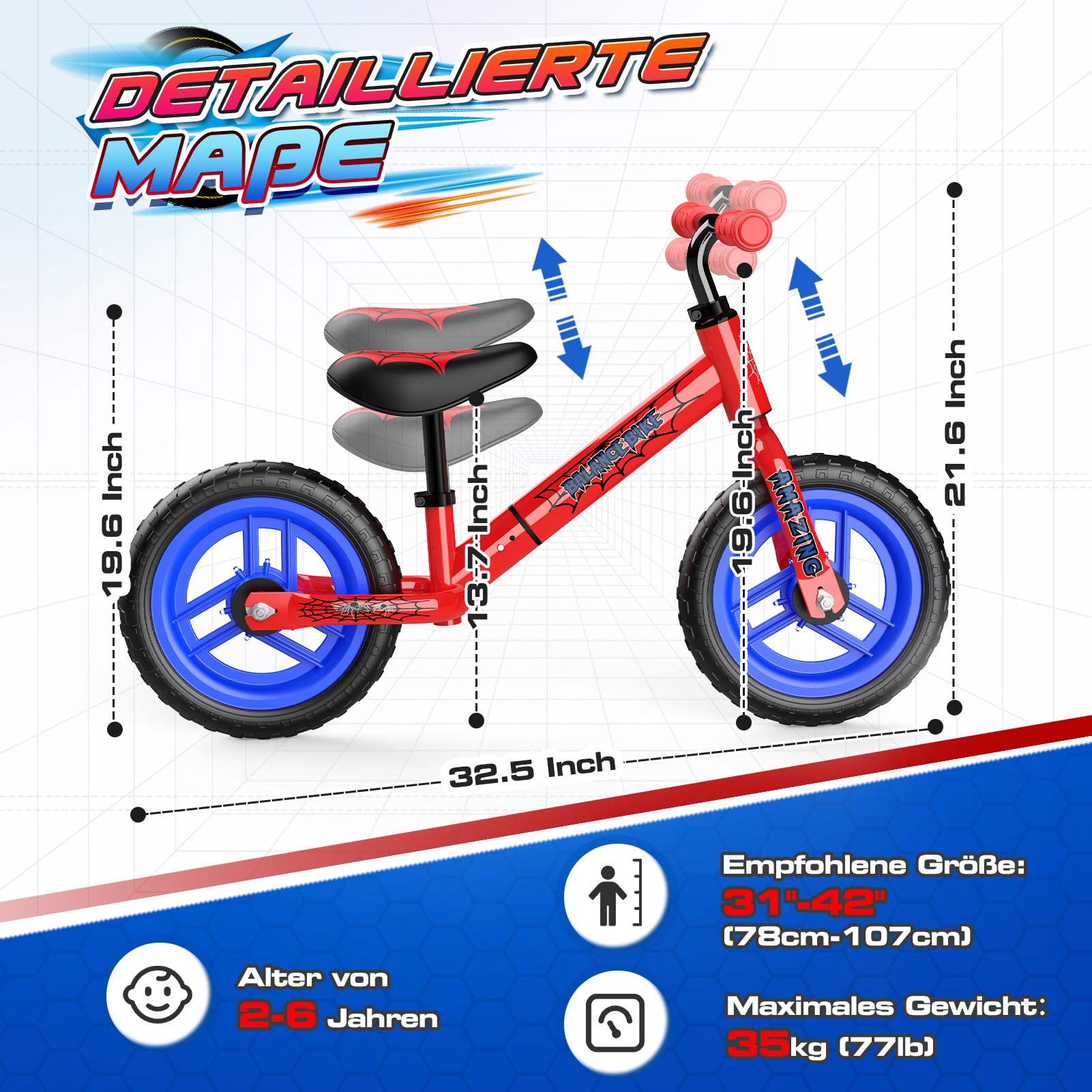 Braxel Laufrad ab 2-6 Jahre bis zu 35 kg, Balance Bike Lauflernwagen Lauflernrad Kider Spielzeug 2-6 Jahre Geschenke Jungen Mädchen, Lenkrad und Sattel Höhenverstellbar