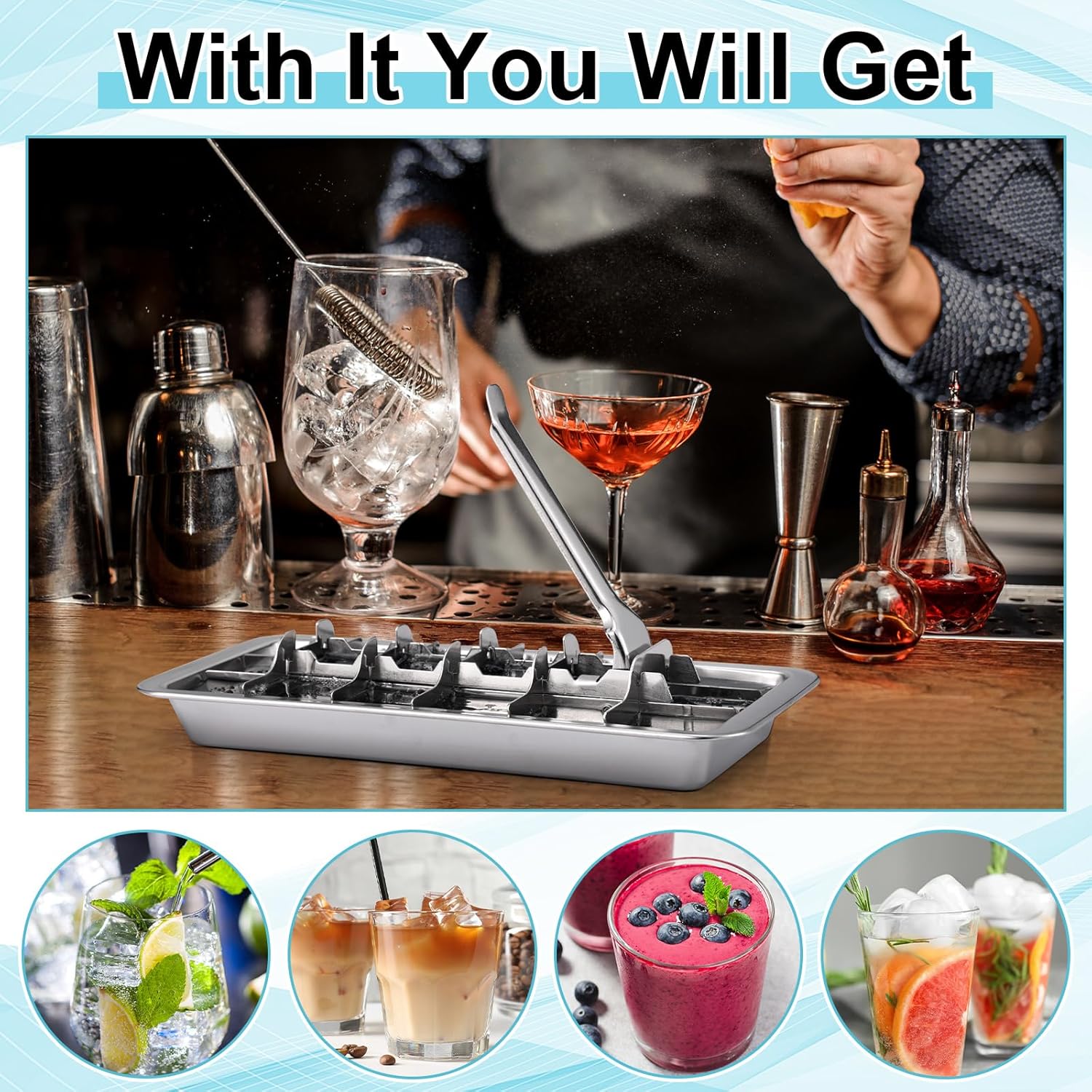 2 Set Stainless Steel Ice Cube Tray 18 Slot Metal Ice Maker Freezer Molds with Lever Tweezers Finger Gloves for Food Juice Bars Kitchens Freezer