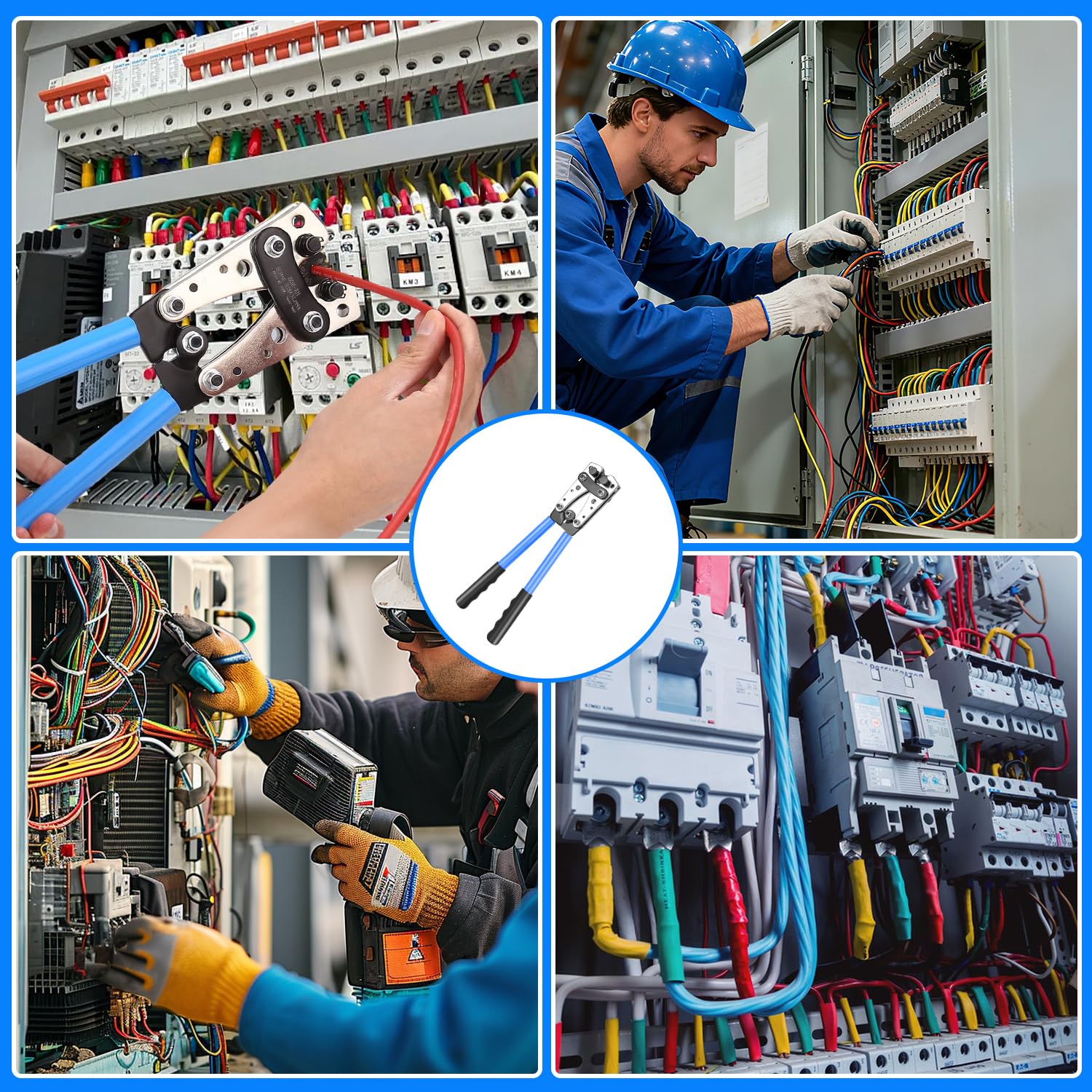 Pince à Sertir Professionnelle pour Cosses 10-1/0 AWG (6-50mm²) - Avec 80 Bornes à Anneau en Cuivre + 80 Gainettes Thermorétractables, 8 tailles, Outil de Crimpage Électrique à Cliquet Multifonction