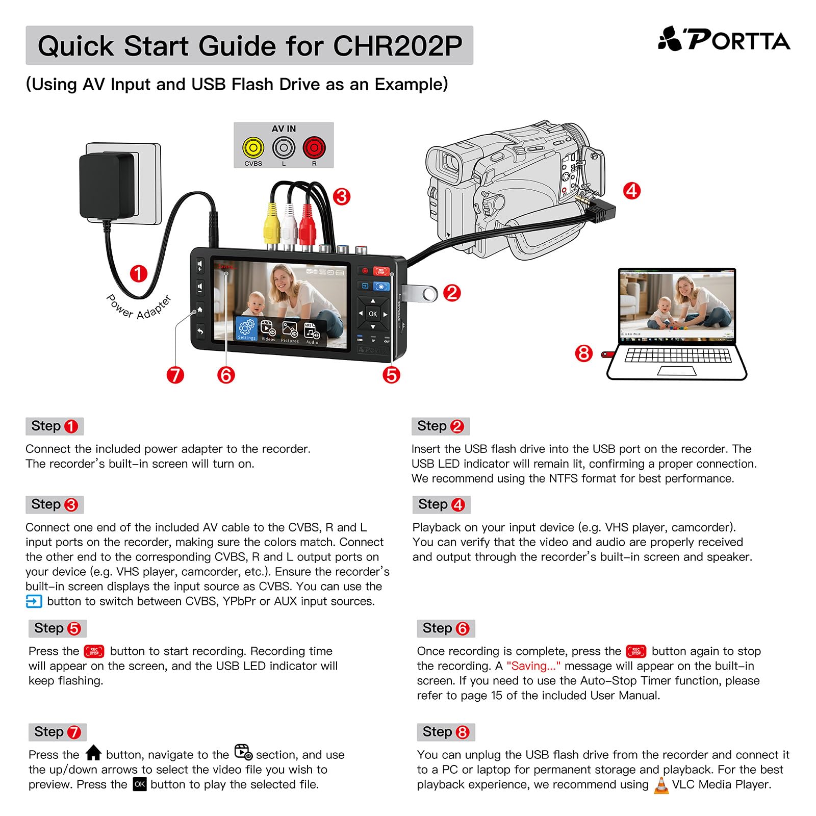 Convertitore da VHS a digitale Portta VD22P con schermo HD da 5", registratore video, conversione in MP4, compatibile con VHS, Hi8, Mini DV, console di gioco (richiede lettore VHS/DVD/videocamera)