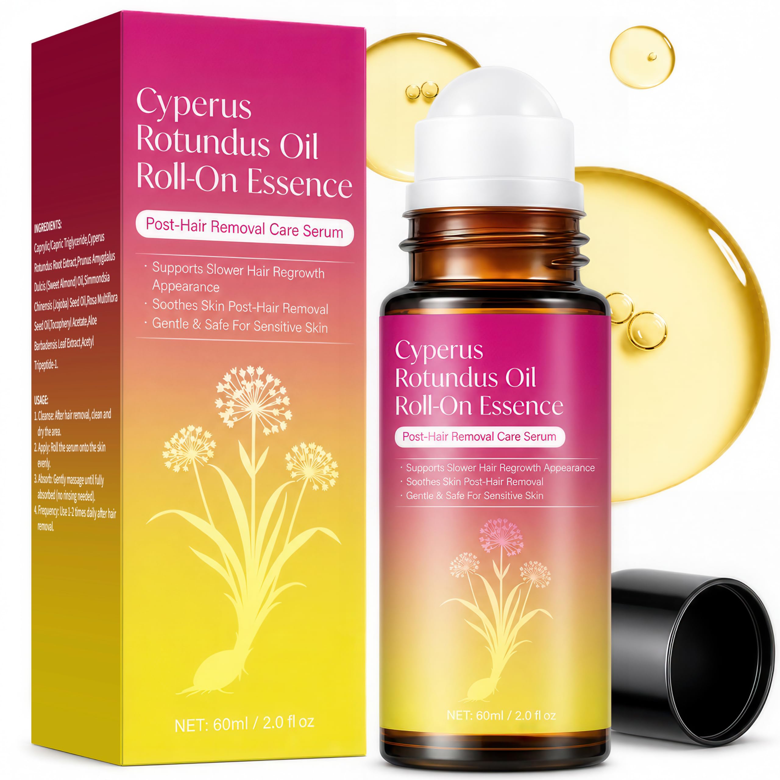 ZIIDII Cyperus Rotundus Oil Serum Roll-On, Natural Cyprus Cypress Oil for Hair Removal, Hair Growth Inhibitor to Reduce Unwanted Body Hair, Soothes & Smooths Skin, 2.02 Fl Oz