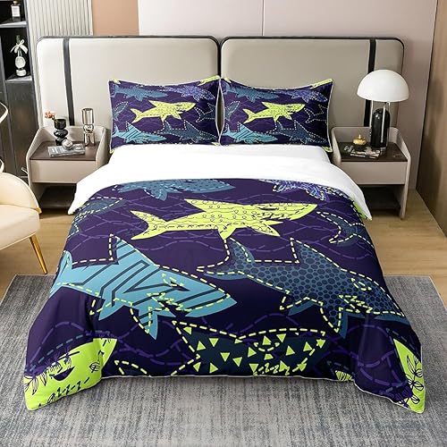Erosebridal Juego de ropa de cama de tiburón 100% algodón, tamaño Queen, funda de edredón de animales de mar profundo, funda de edredón de dibujos