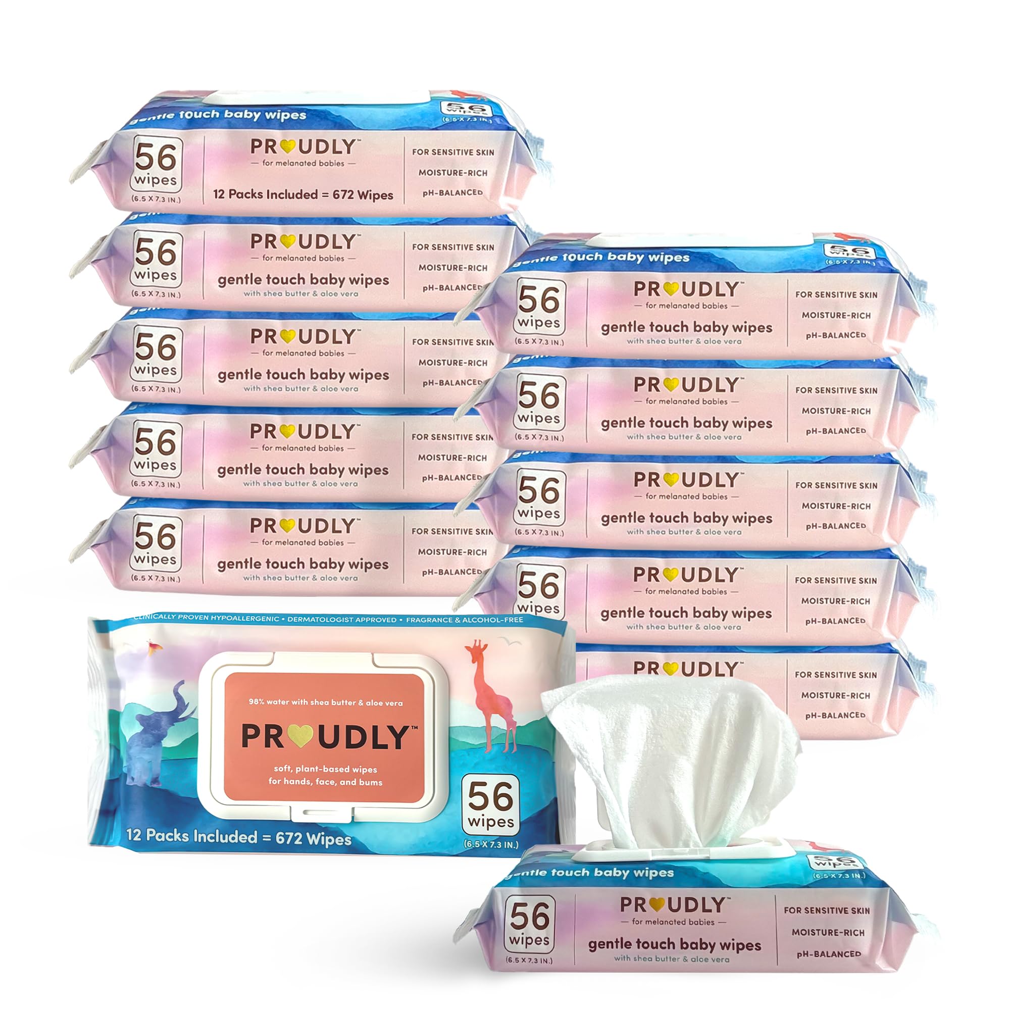 PROUDLY Gentle Touch Baby Wipes, Unscented & Hypoallergenic Wipes for Black & Brown Babies' Skin Care, 672 Count (12-Pack)