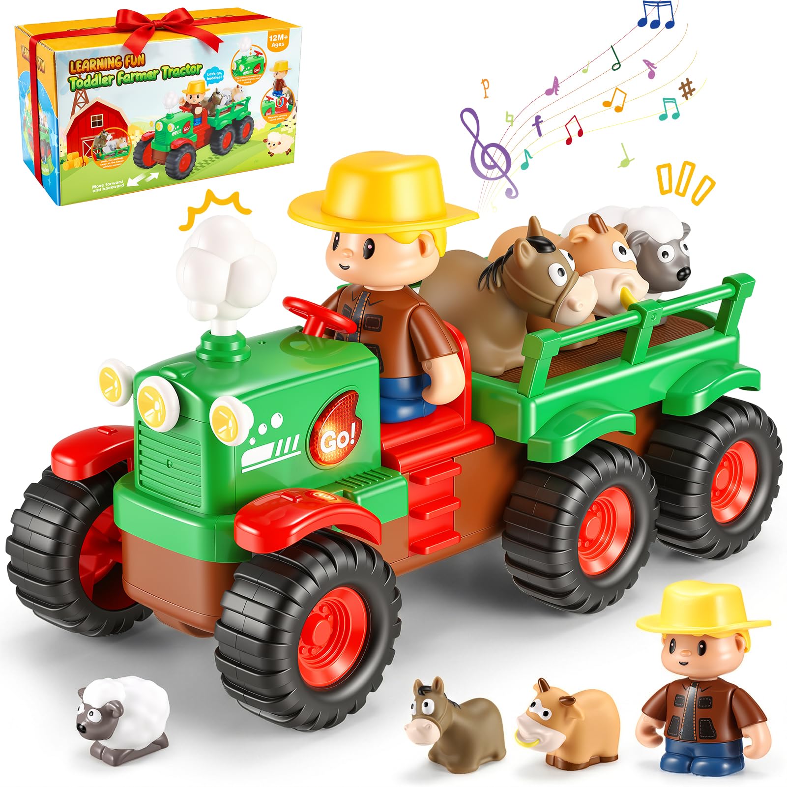 Gralal Trattore Fattoria Giochi per Bambini 1 2 3 Anni, Veicolo Musicale Push and Go con Animali, Giocattoli Montessori a Tema Animali della Fattoria, Regalo Apprendimento Precoce per Neonati