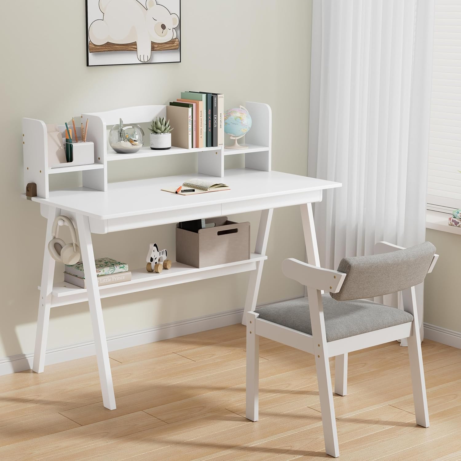 DELAVIN 39.37" Kids Desk and Chair Set, Solid Wood White Desk with Hutch and Drawers, Kids Computer Table and Chair Set for Study Room, Bedroom, White