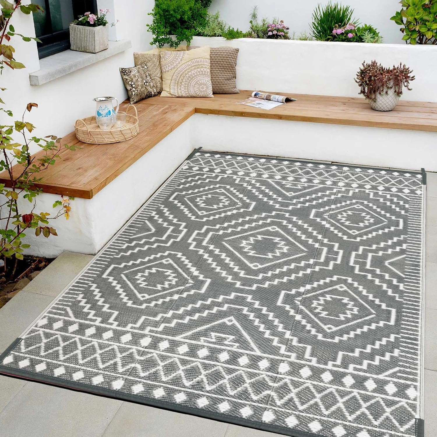 Wonnitar Outdoor Rug 6x9, Waterproof Patios Rug Reversible Plastic Straw Rug, Large Outside Area Rug, Portable Camper RV Mat, Indoor Outdoor Carpet for Picnic Balcony Backyard Porch Deck, Grey