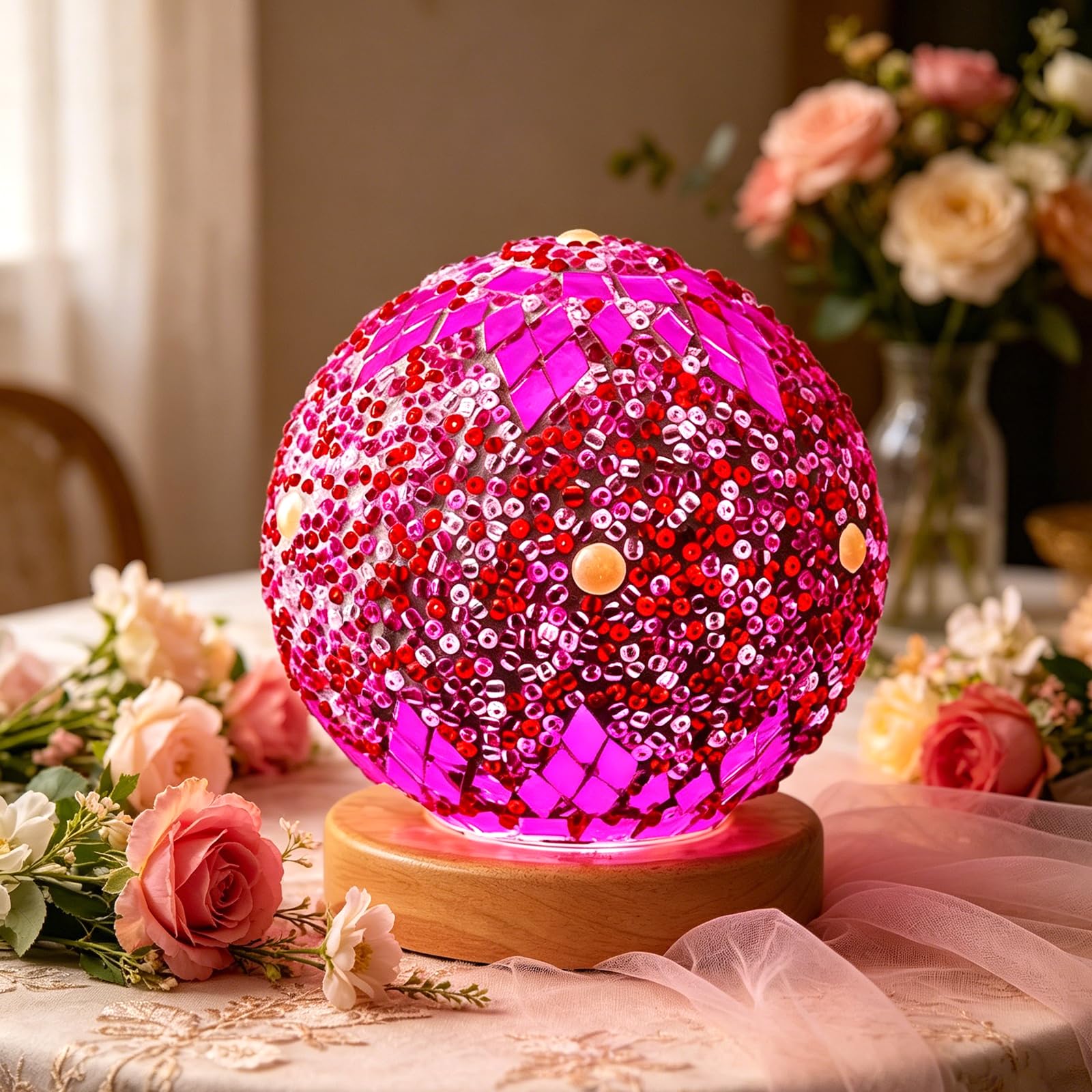 Morocco Pink Mosaic Lamp Vintage Retro Stained Turkish Moroccan Bohemian Bedside Colorful Handmade Glass with Wood Base USB Power Decor Light for Bar Dining Room Holiday Gift(Maroc - Pink, Maroc)